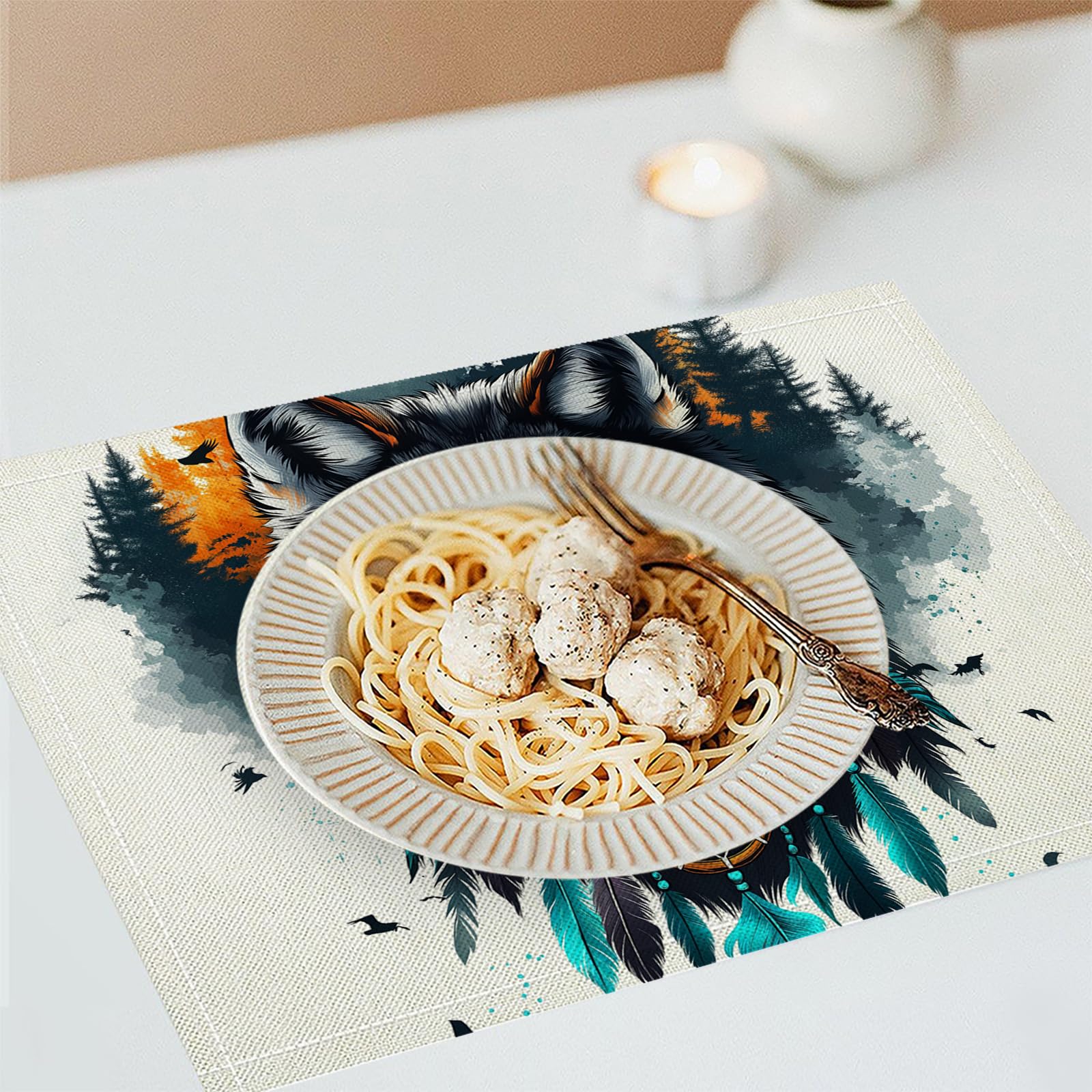 Tovaglietta Americana Acquerello in Cotone Lino Rettangolare - Tovagliette Set di 8 Lupo della rete dei sogni Resistente al Calore per La Cucina, Il L'Ufficio, 30 x 45cm