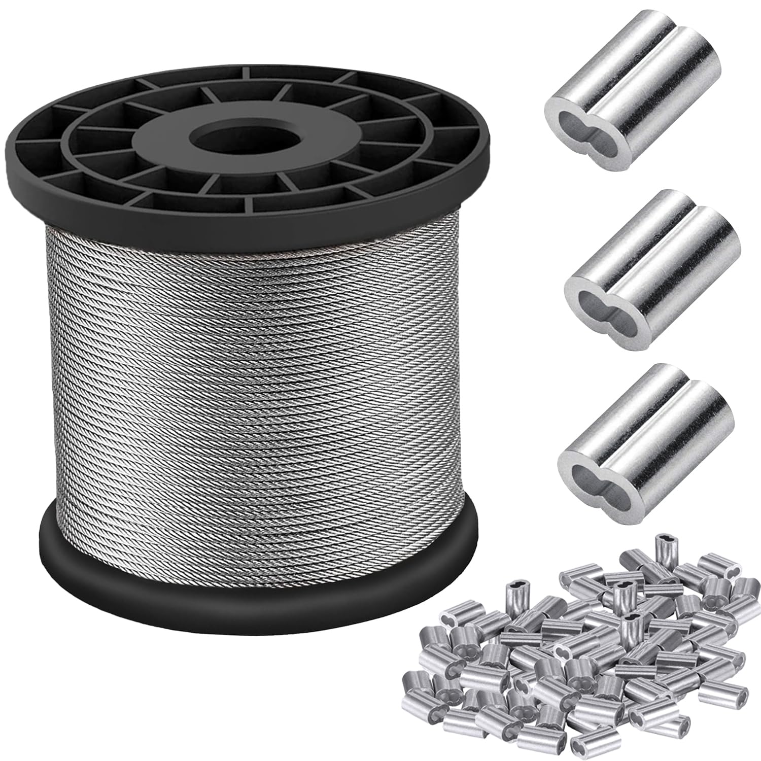 LOSYHU Wire Rope 1/16 Stainless Steel Cable 328 Ft Length Stainless Aircraft Steel Wire Rope with 200 Pcs Sleeves Stops, 7X7 Strand Core 368 Lbs Strong Load-Bearing Steel Cable Clothes Line Wires
