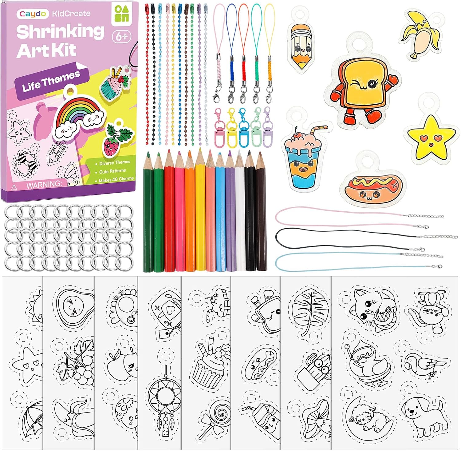 Caydo DIY Shrinking Kit for Kids, Shrink a Dink Sheets Kit, Shrinky Paper | 48 Pre Cut Charms and 3 Blank Sheets, No Mess Creative Activity Jewelry Making Kit with 87 Accessories(Lifestyle Themes)