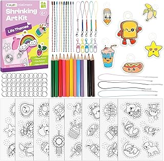DIY Shrinking Art Kit for Kids, 48 Pre Cut Charms and 3 Blank Shrinky Paper, Shrinky a Dink Sheets Kit for No Mess Creative Activity Jewelry Making Kit with 87 Accessories(Lifestyle Themes)