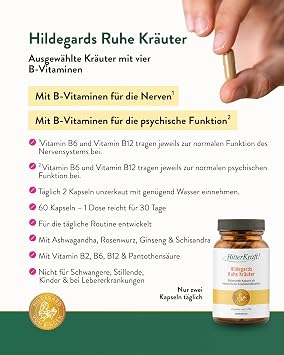 BitterKraft! Hildegards Resting Herbs 120 Capsules - With Organic Ashwaghanda Rose Root Extract B2 B6 & B12 - Inspired by Hildegard von Bingen - No Additives - 100% Natural - Made in Germany