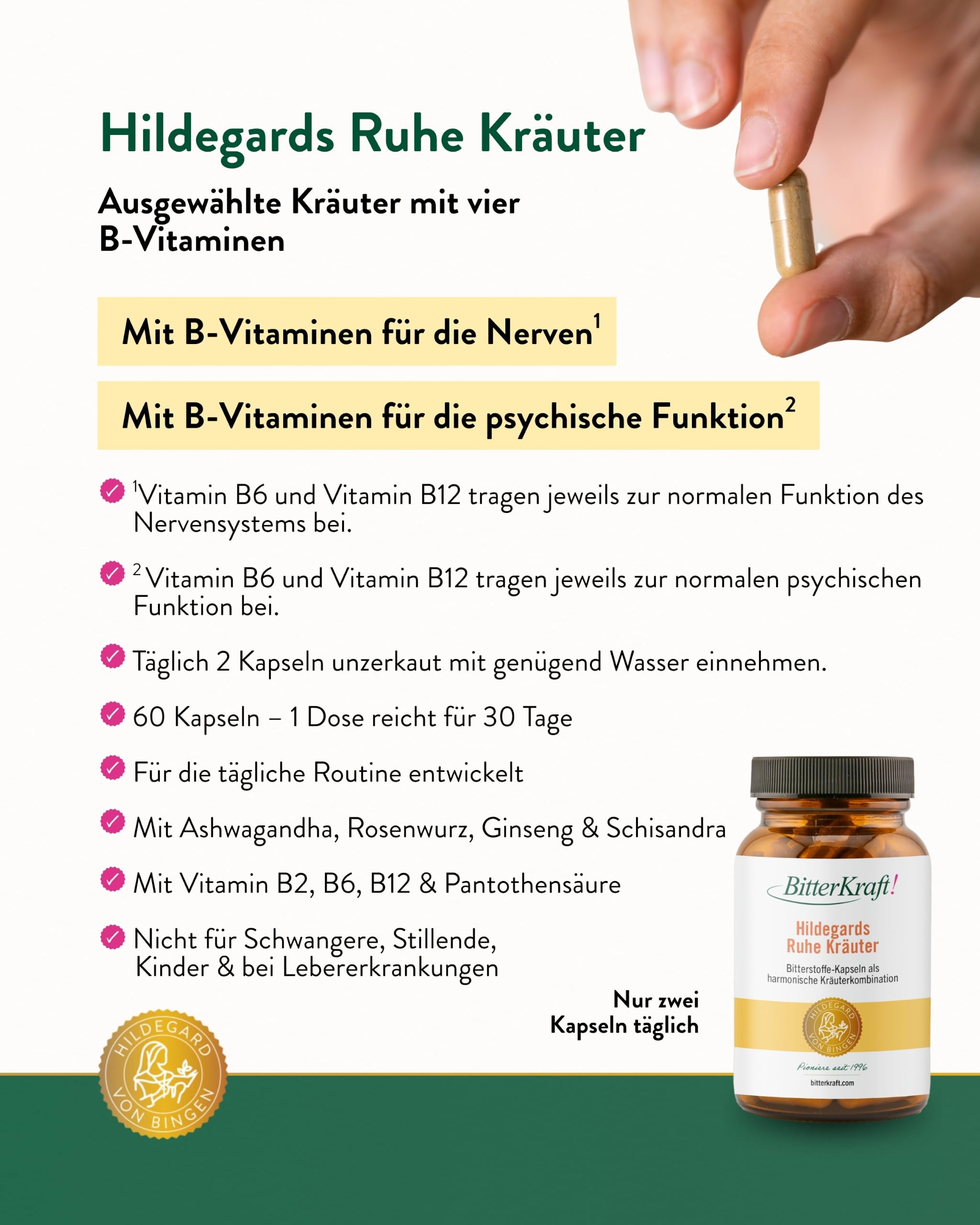 BitterKraft! Hildegards Ruhe-Kräuter 120  Kapseln – mit Bio Ashwaghanda, Rosenwurz-Extrakt, B2, B6 & B12 – inspiriert von Hildegard von Bingen – ohne Zusatzstoffe - 100 % Natur – Made in Germany