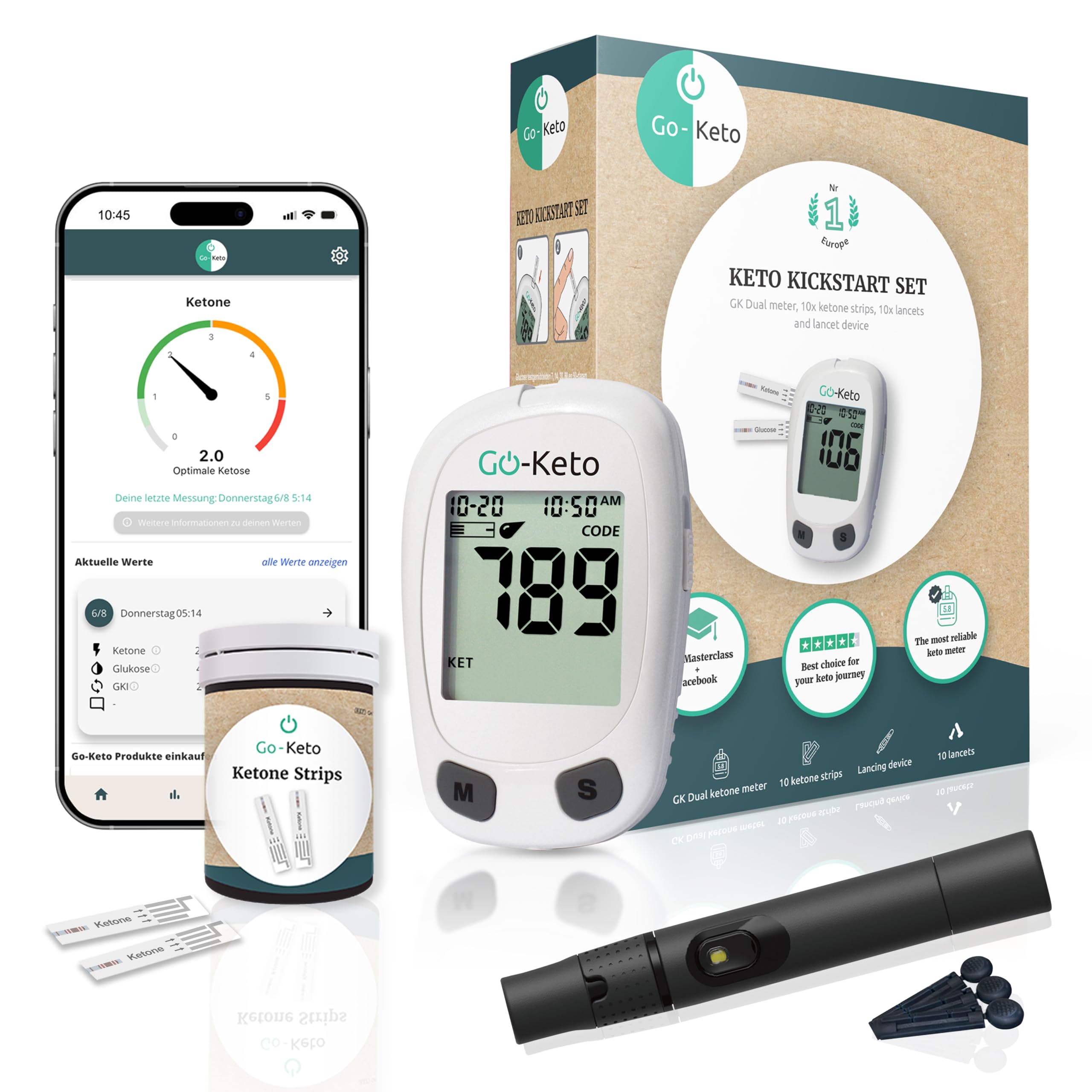 Go-Keto Ketone Messgerät (mmol/l) im Kickstart Set - Ketone Meter, 10 Ketone Teststreifen & Zubehör, Keto Meter zur Ketonemessung bei einer Keto Diät, Ketone Check zu Hause & unterwegs