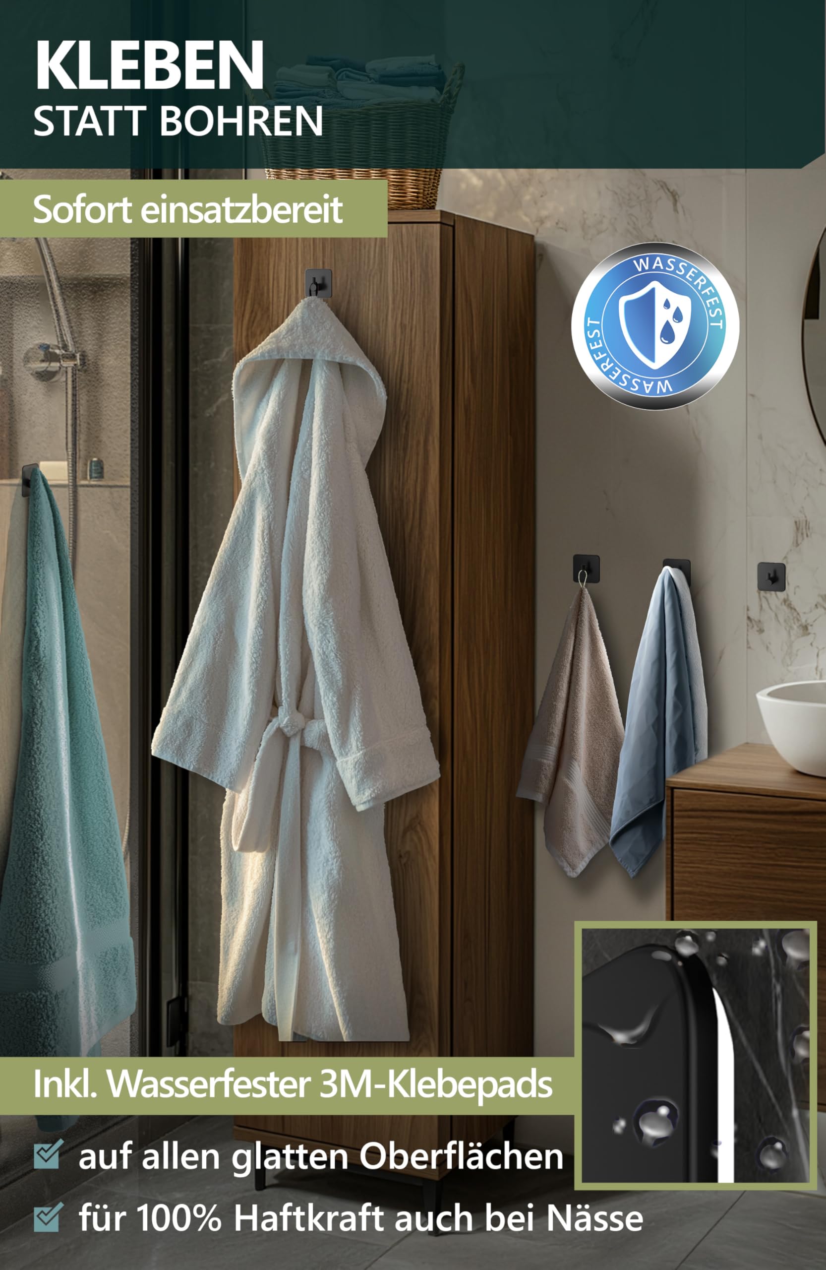 4smile Portasciugamani Adesivi Per Bagno - Set Da 4 Ganci In Acciaio Inox Nero | Extra Forti E Impermeabili | Fino A 10 Kg Di Portata | Senza Foratura
