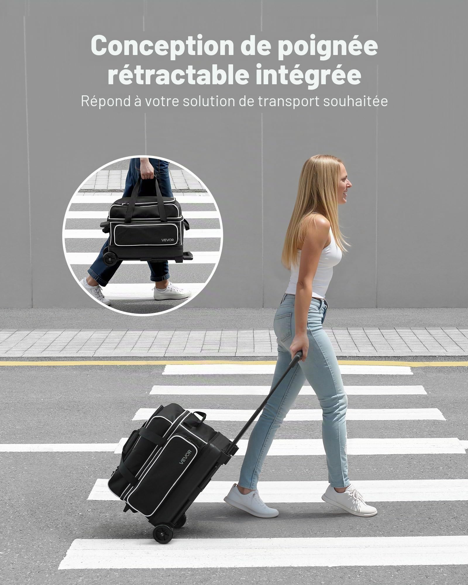 VEVOR Sac de Bowling à roulettes, Valise de Transport pour 2 Boules, avec Compartiment pour Chaussures, Poche pour Accessoires Surdimensionnée et Poignée Rétractable Extensible, Noir et Blanc