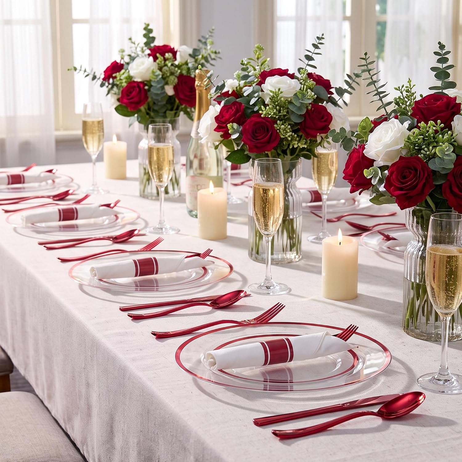 BESTVIP 100 Pack Red Pre Rolled Plastic Silverware Set with Napkins image 4
