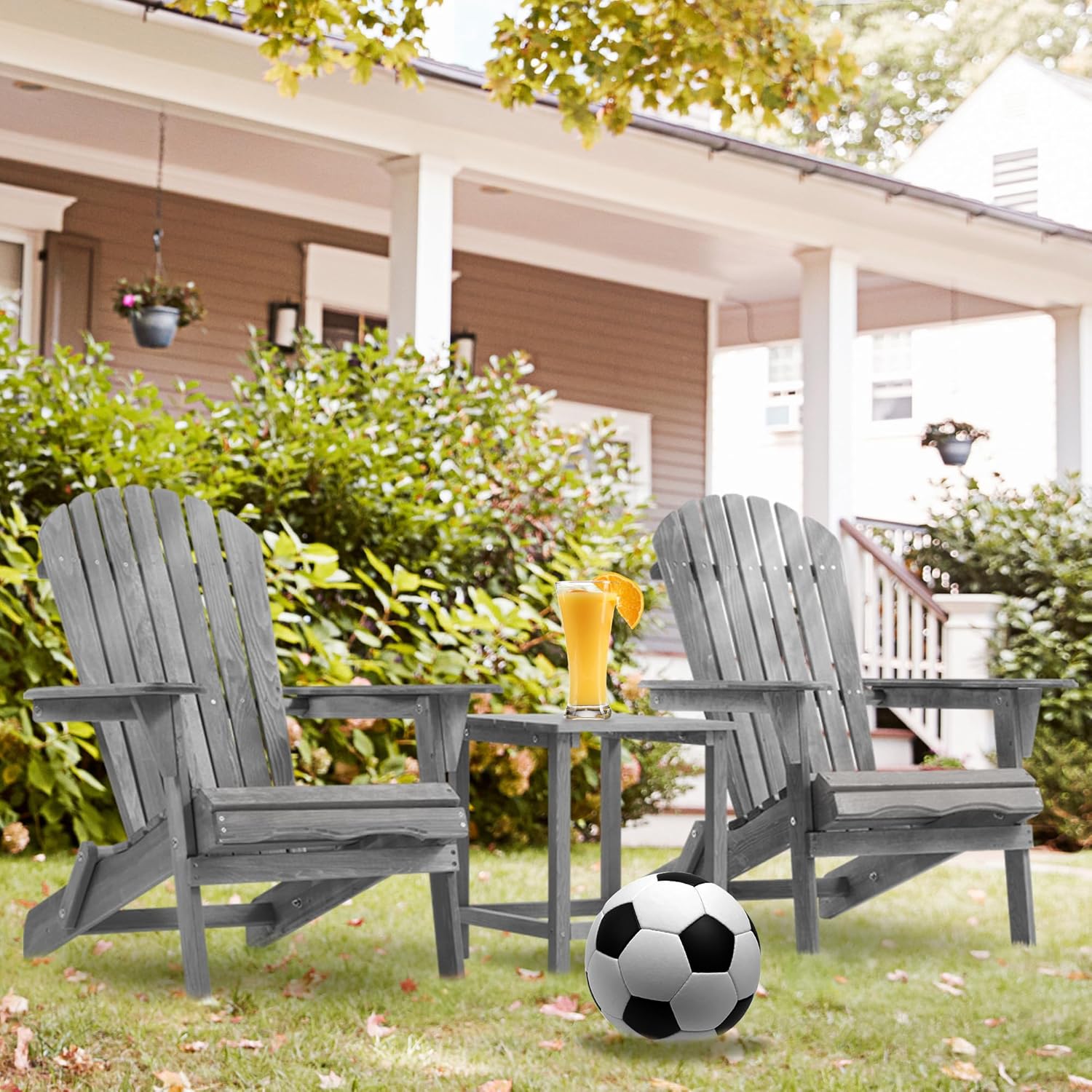 Adirondack Chair Set of 2, Outdoor Wooden Folding Patio Chair with Solid Cedar BackRest, Comfortable Lounge Chair for Patio, Deck, Yard, Lawn and Garden Seating Swimming Pool (Grey)