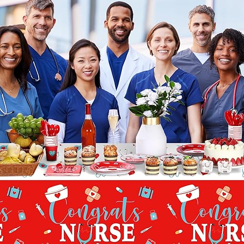 Miniatura 6 de Zubebe 173 piezas de suministros para fiesta de graduación de enfermeras 2025 para servir a 24 invitados, pancartas de enfermera, platos de postre,