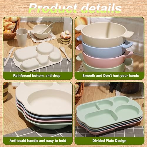 Miniatura 5 de Honoson Juego de 24 cubiertos de paja de trigo, incluye platos divididos, aptos para microondas, lavavajillas, vajilla irrompible, pajita,