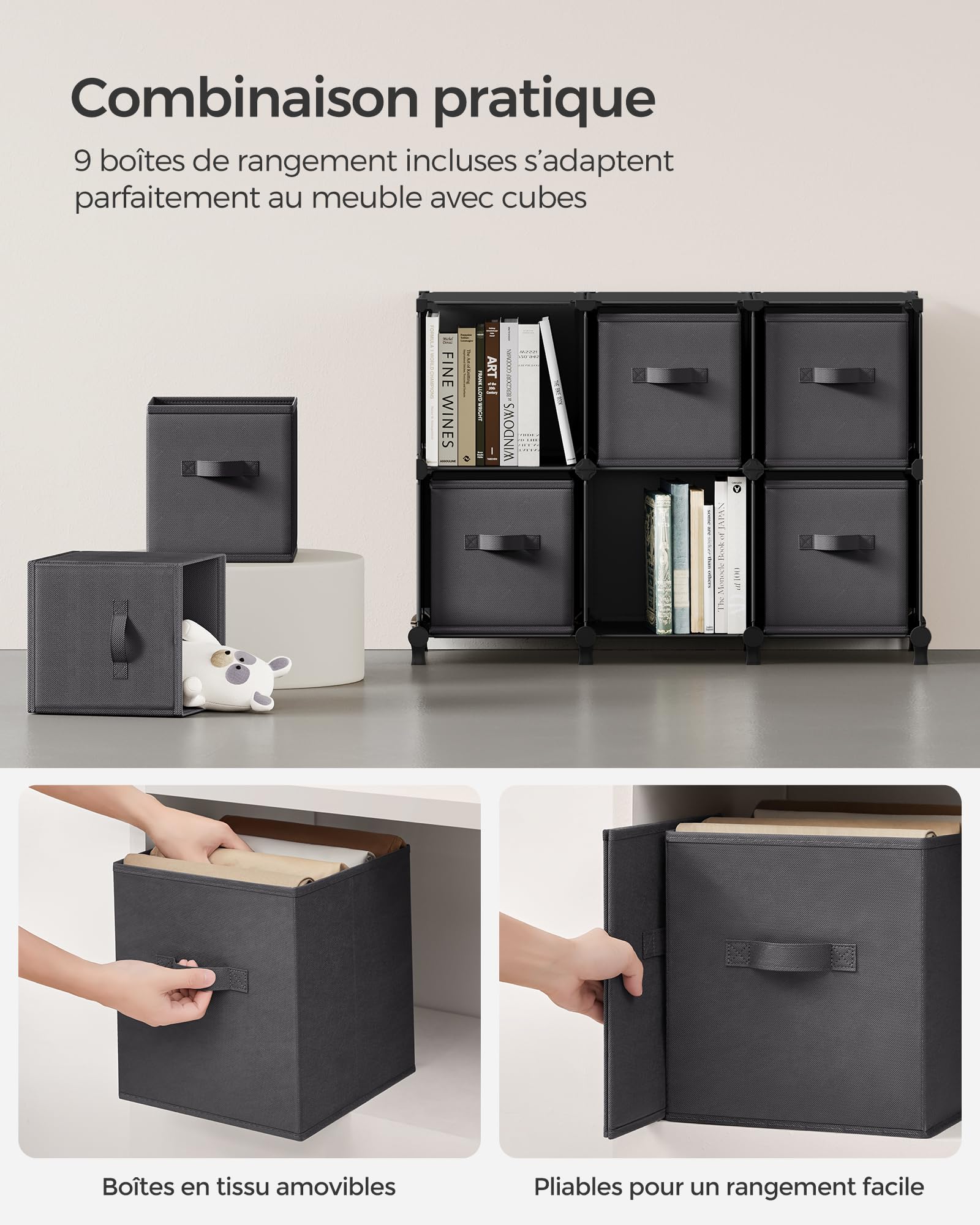 SONGMICS Meuble de Rangement avec Boîtes, Meuble à 9 Cases pour Vêtements, Étagères en Tissu Non-tissés, Personnalisable, Extensible, Gain de Place, Chambre, Noir d'Encre et Gris Tourterelle LPC092B01