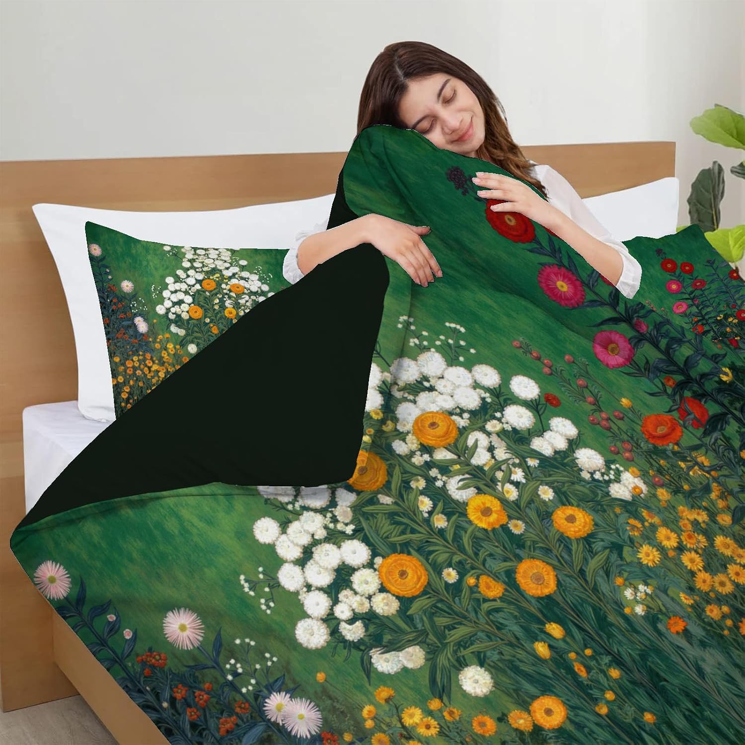 Green Printed Duvet Cover Set - Art Nouveau Style Bedding with 2 Pillowcases, Grassland Wildflowers Soft Easy Care Microfibre Quilt Cover, 90"x90"