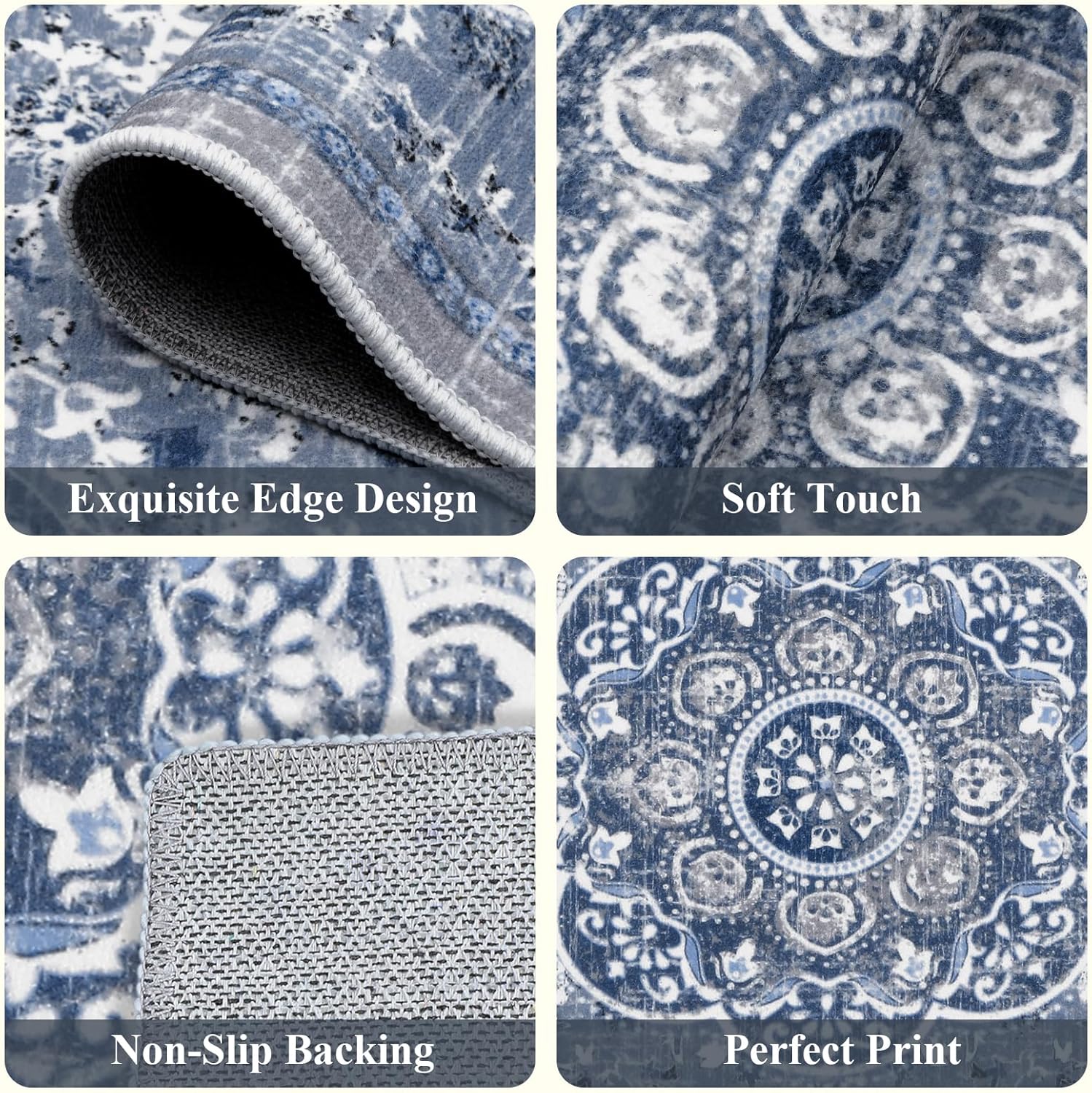 Ileading Boho Kitchen Rugs Sets 3 Piece with Runner Floral Kitchen Floor Mat Carpet Farmhouse Kitchen Rugs and Mats Non Skid Washable Runner Rug for Kitchen Floor Office Sink Laundry, Blue - Image 4
