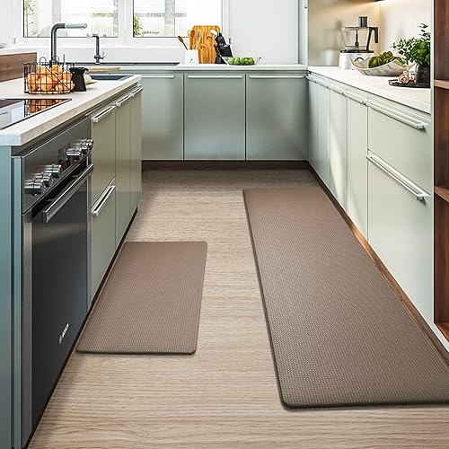 Color&Geometry Kitchen Rugs, Kitchen Rug Set 2 Piece Kitchen Runner Rug Kitchen Floor Mat, Cushioned Anti Fatigue Kitchen Mat Non Skid Waterproof Comfort Standing Kitchen Rug, 17"x29"+17"x59", Brown