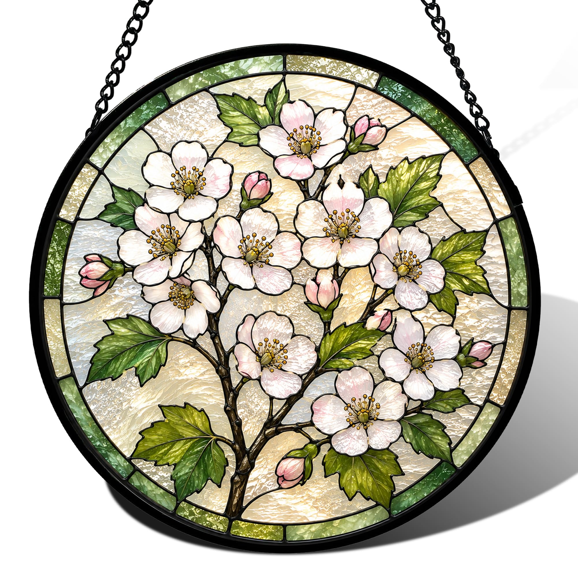 Birth Month Flowers Stained Glass Window Hanging, Sun Catcher for Window, Stained Glass Kit Style Floral Suncatcher, Round Flower Decor for Indoor Window Wall Garden Gift (Hawthorn)