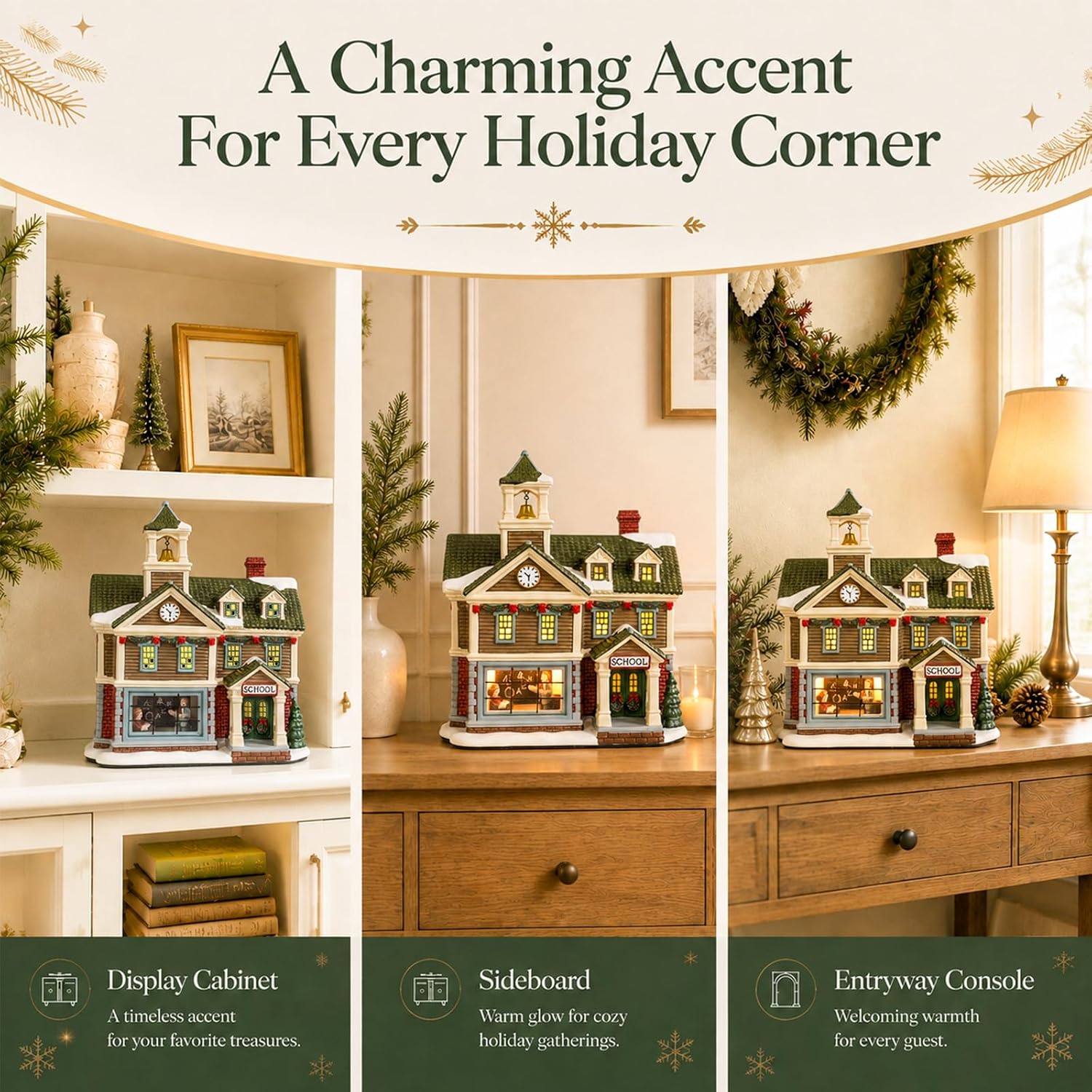 Ceramic Christmas Village Houses,Light Up School Christmas House for Indoor