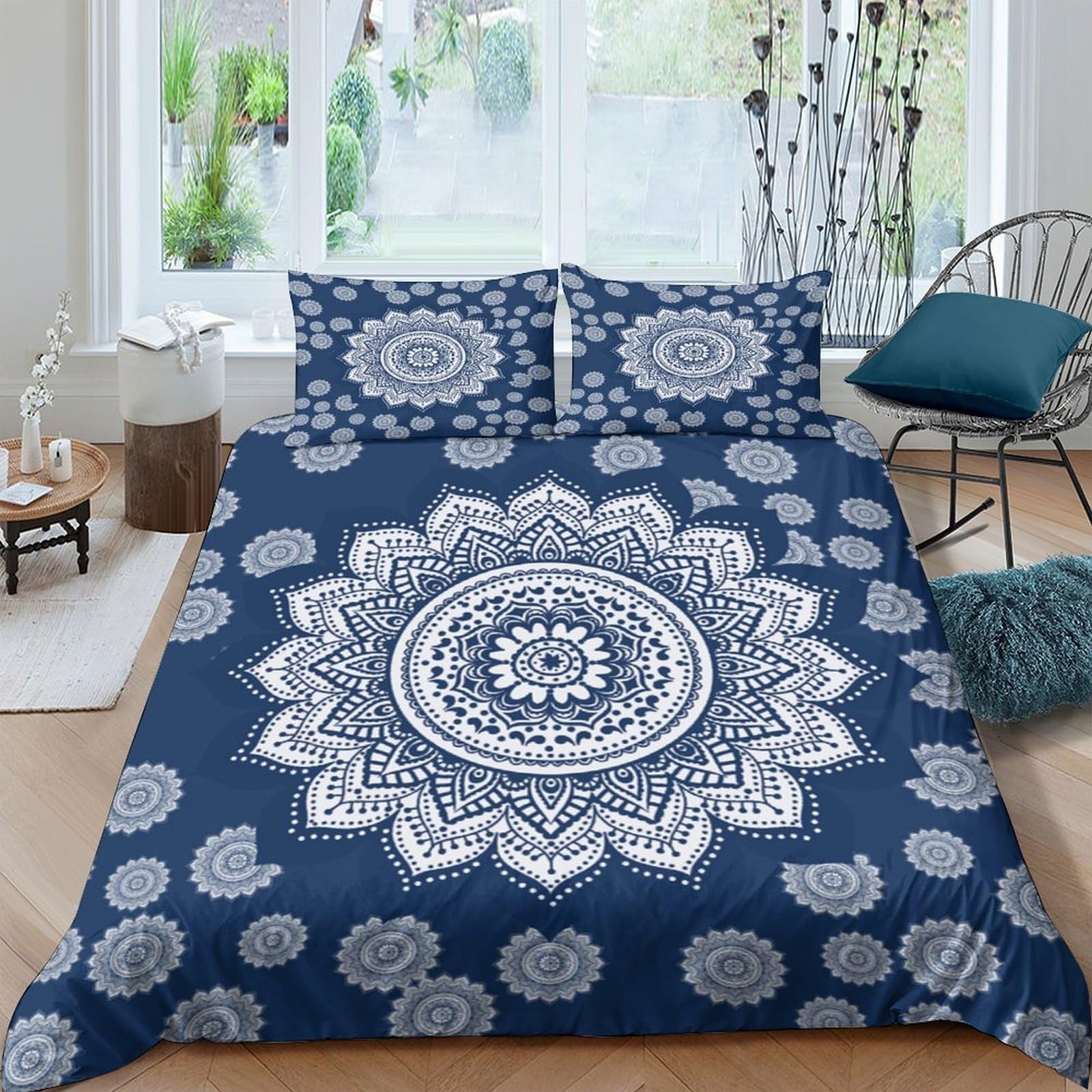 Ctjqhvkz Style-2 3D Printed Mandala Blue Fitted Sheet Microfiber Soft Decorative Boho Pattern Mattress Cover For Bedroom Guest Room Single（135X200cm）