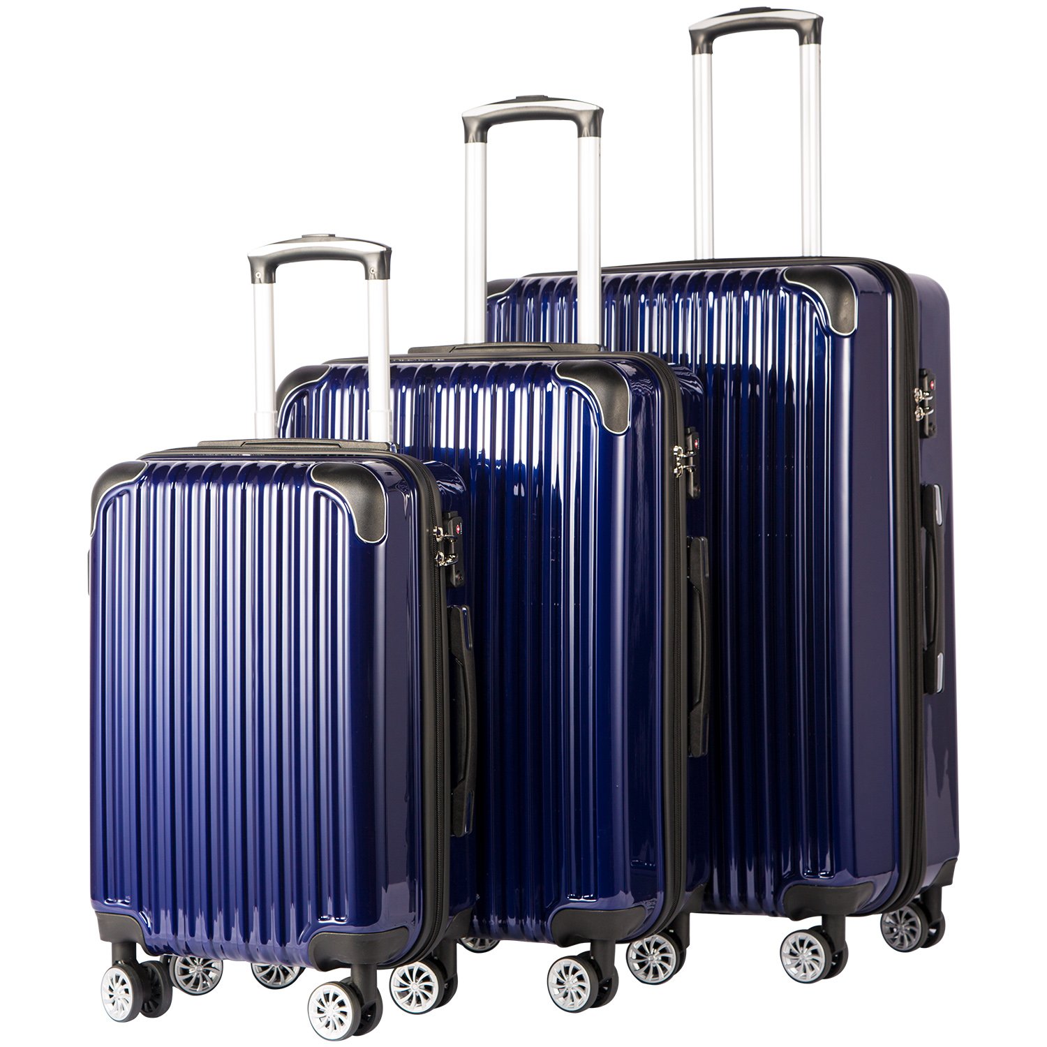 Coolife Luggage Expandable 3 Piece Sets PC+ABS Spinner Suitcase 20 inch 24 inch 28 inch (navy)