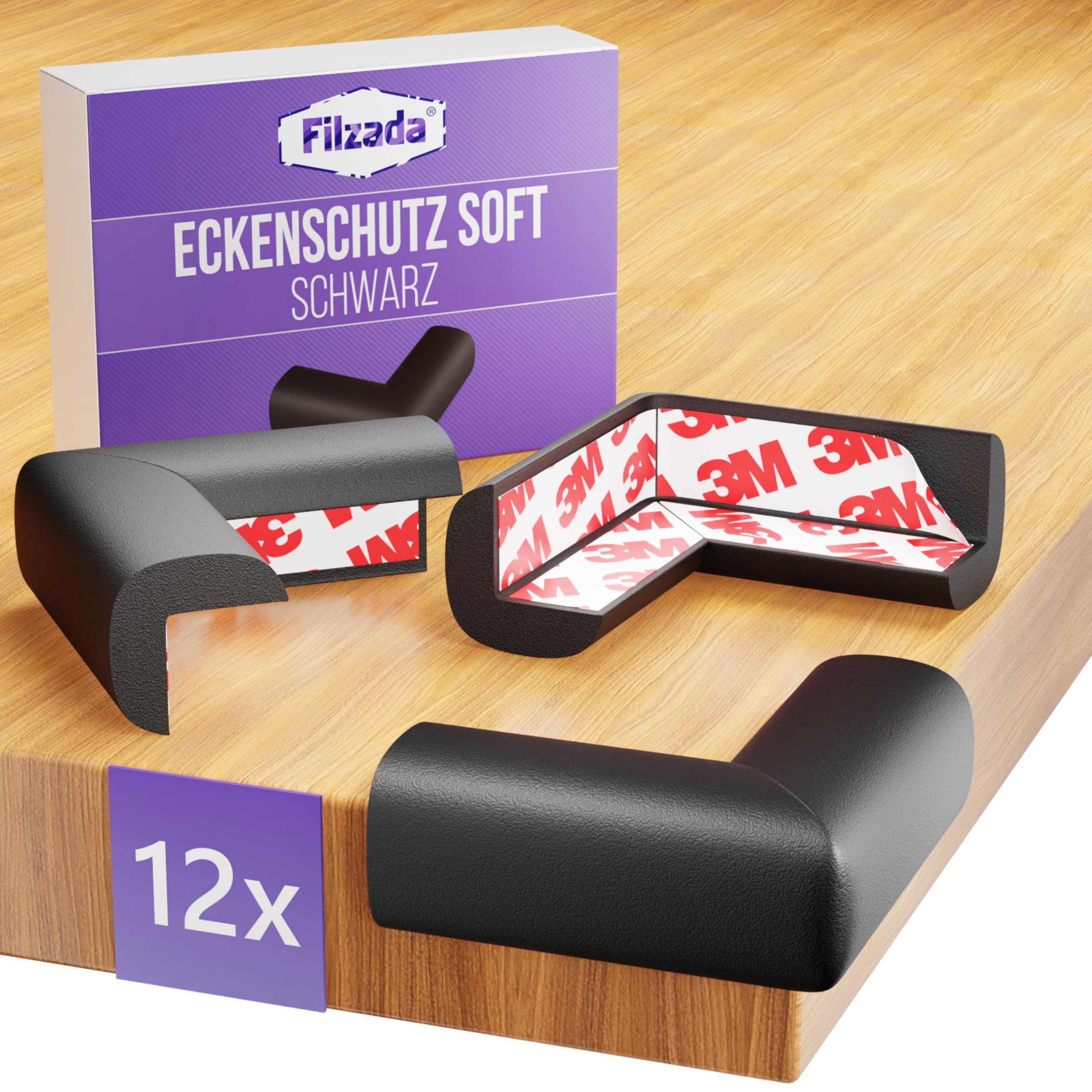 Filzada® 12x Tisch Kantenschutz Baby Schaumstoff EXTRA SOFT - Tisch Eckenschutz Kantenschutz Selbstklebend Schwarz - Tischkantenschutz Ecken - Eckenschutz Baby - Corner Protection