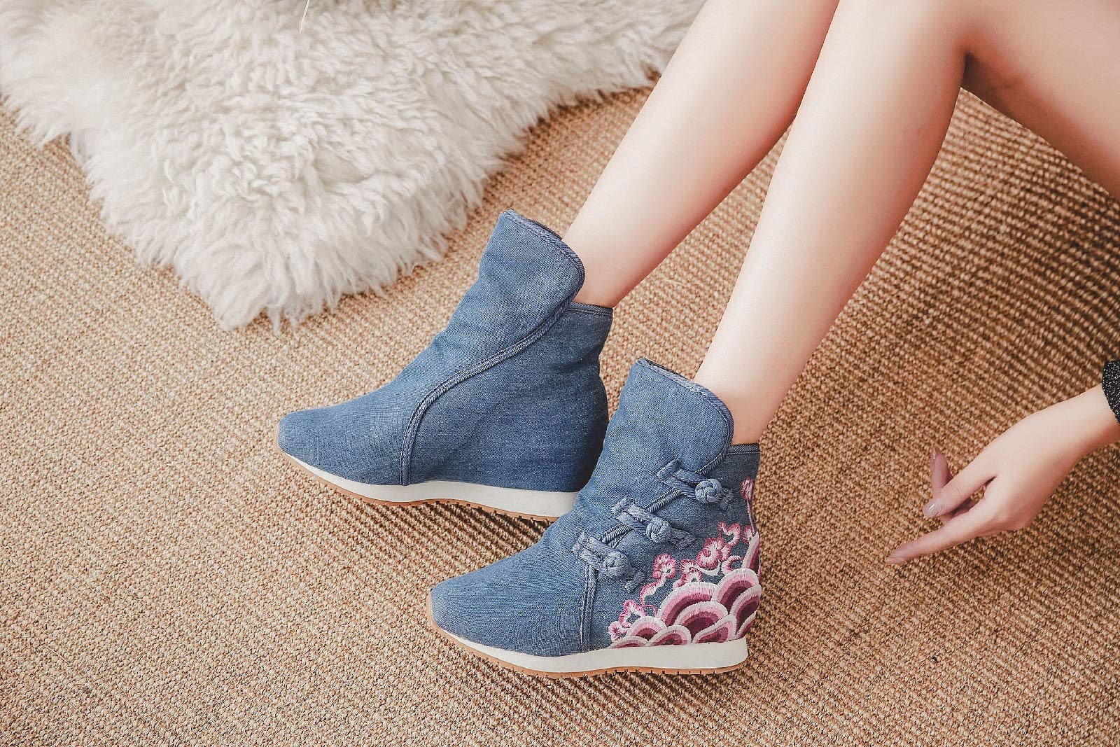 Lazutom Mujeres Señora Estilo Chino Bordado Invierno Botines Comodidad Deportes Zapatos De Lona, Blue, 38 EU
