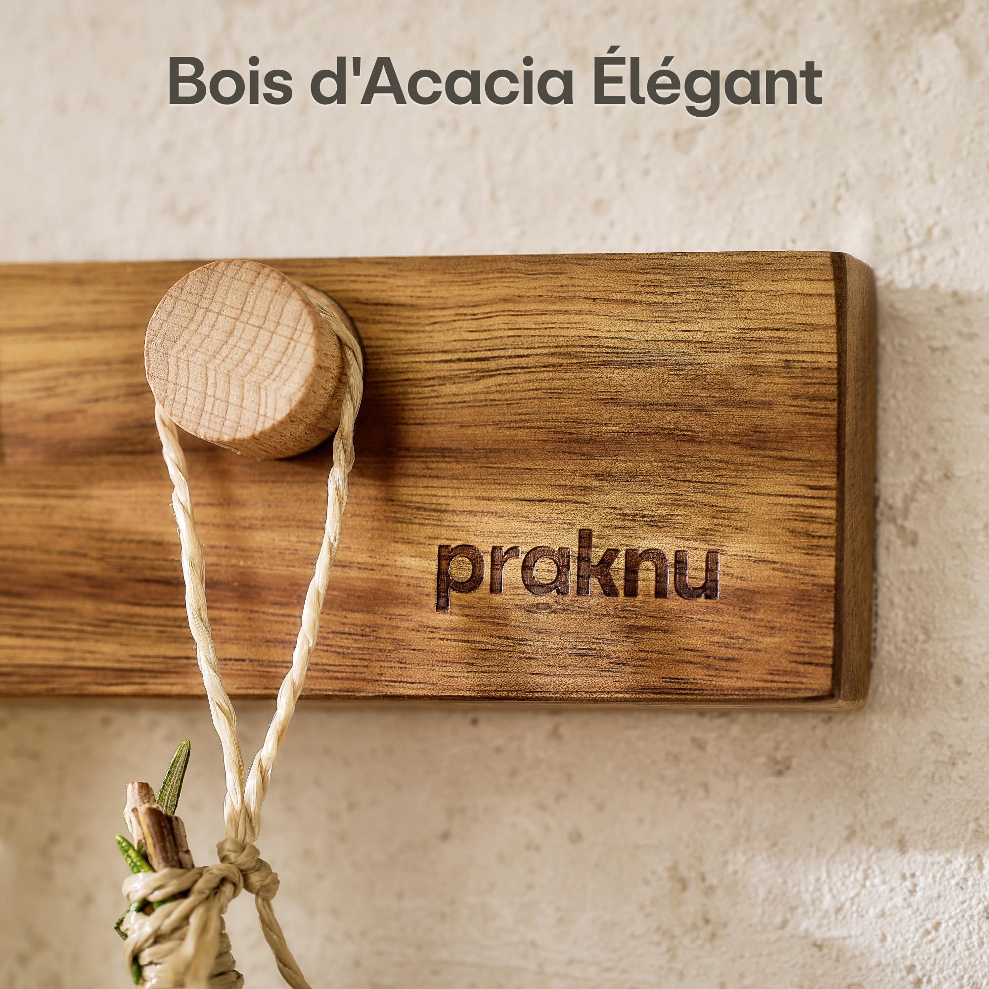 Praknu Porte Couteaux Aimanté Autocollante - 40 cm en Bois d’Acacia – Avec 3 Crochets Magnétiques - Barre Murale pour Jusqu’à 8 Couteaux Lourds