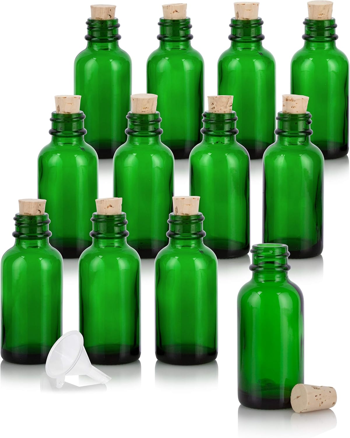 JUVITUS 1 oz / 30 ml Green Glass Boston Round Bottle with Cork Stopper Closure (12 Pack) + Funnel I Refillable Empty Storage Containers
