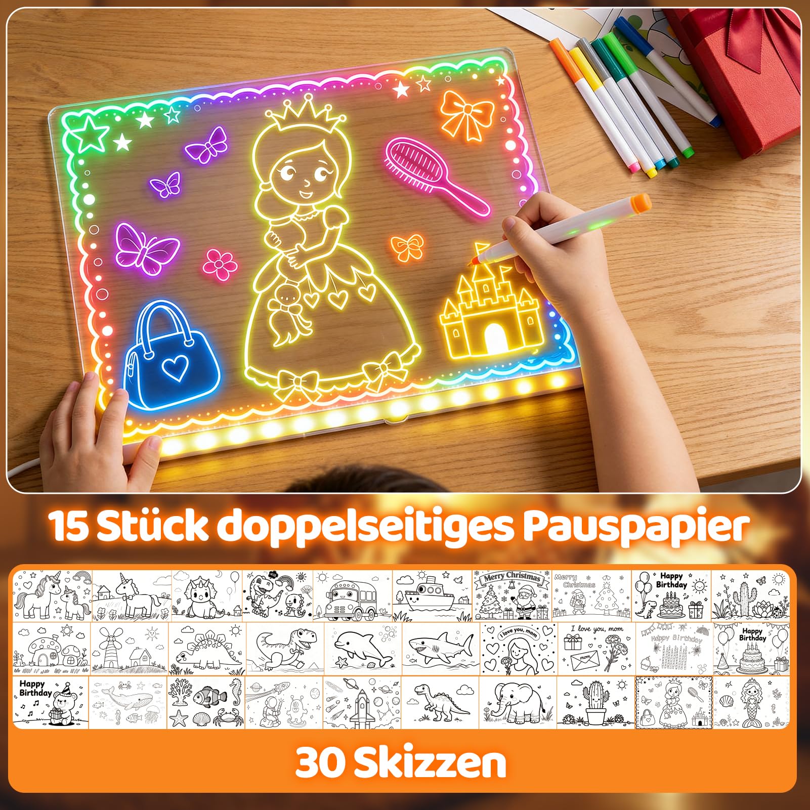 LED Zeichenbrett,30x20cm Led Maltafel Kinder mit 15 doppelseitiges Pauspapier (30 Skizzen), 7 Farbmarker, Notiztafel mit Farben, Notiztafel Kreatives Geschenk Spielzeug für Kinder
