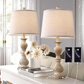 Dungoo Farmhouse Table Lamp Set of 2, 26" Resin Bedside Nightstand lamp with 2 USB Ports, Rustic Bedside Lamp for Bedroom Living Room Office, 2 Pack (Antique Beige Base, Beige Shade)