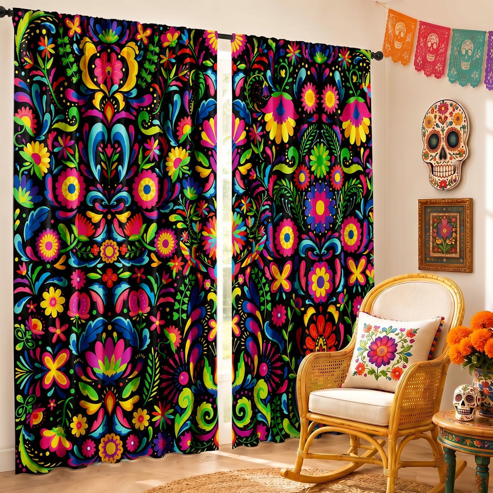 SmoothNovelty 2 Pcs Day of The Dead Curtains for Living Room Mexican Floral