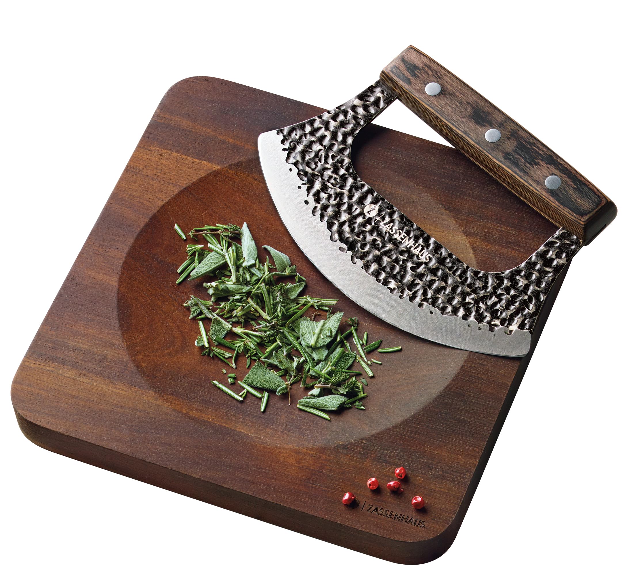 Zassenhaus Wiegemesser-Set MINCER, Spezial-Klingenstahl, 17cm Klingenlänge, Akazienholzbrett 20x20x2 cm