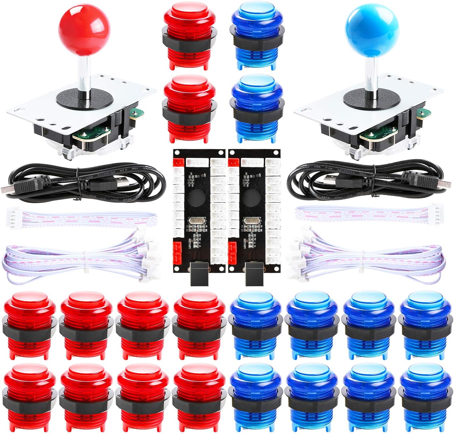 2-Player LED Arcade DIY Kit for USB MAME PC Game DIY & Raspberry Pi Retro Controller DIY Including 2X Arcade Joystick, 20x LED Arcade Buttons, 2X Zero Delay USB Encoder (Blue & Red)