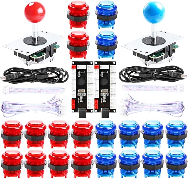 Hikig 2 Player Arcade Games Controller DIY Parts Kit for Windows Games and Raspberry Pi,2x 5PIN Joystick + 20x LED Buttons + Zero Delay USB Encoder, Color: Red & Blue