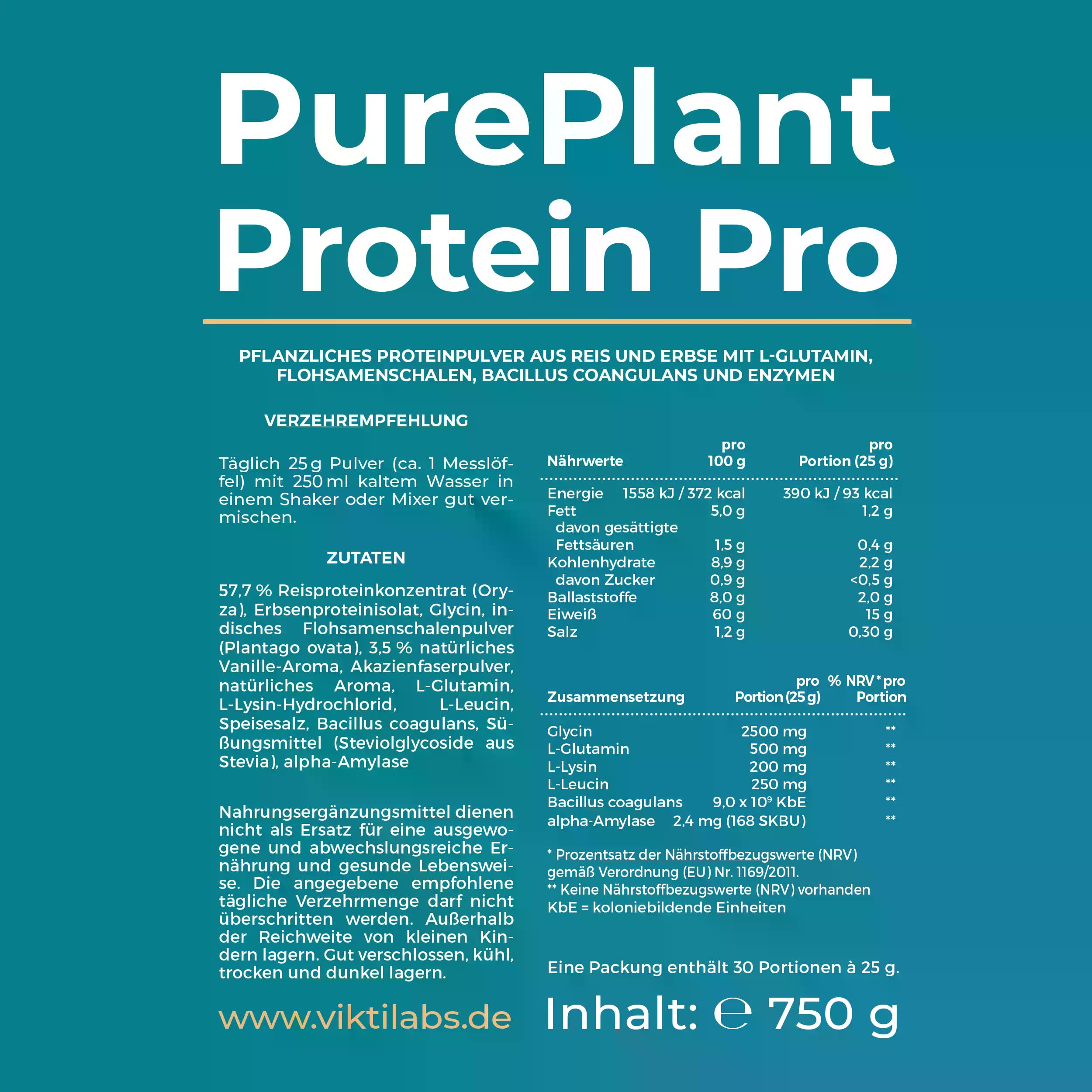 PurePlant Protein Pro - Vanille - vegan - pflanzliches Protein aus Reis & Erbsen - mit Enzymen, Probiotika & Ballaststoffen - 25 g pro Tag - 750 g