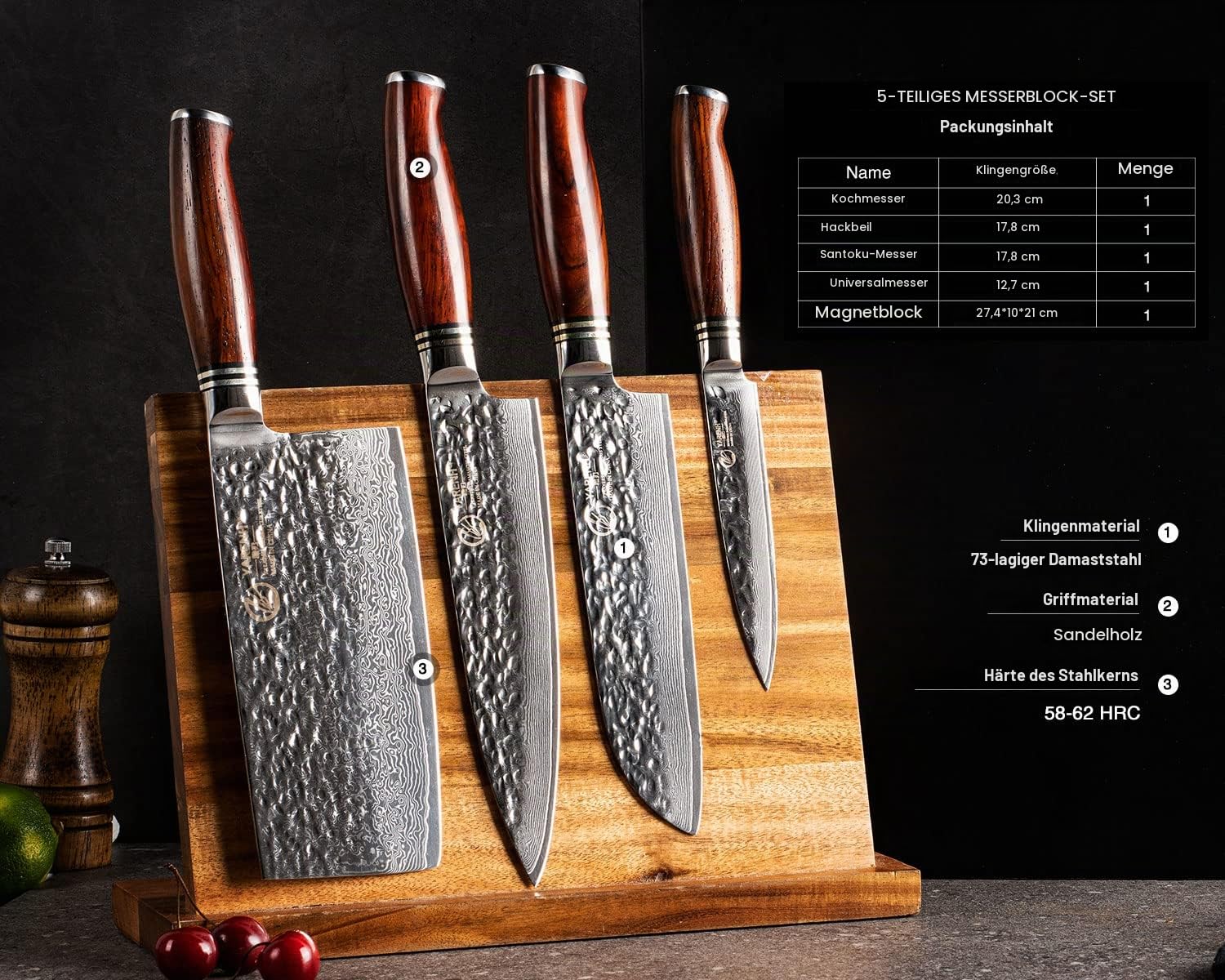 YARENH Damastmesser Set 5 er, Scharfe Messer aus 73 Lagen Damaststahl Klinge und Holzgriff, Messer Set mit Messerblock aus Holz und Hackmesser - chinesisches kochmesser HTT-Serie