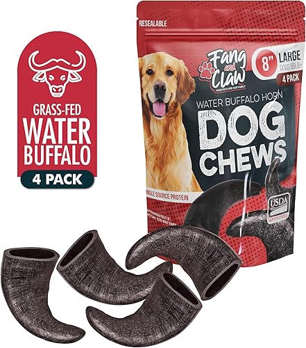 Water Buffalo - Paquete de 4 masticables para perros, grandes de 8 pulgadas, proteína natural de fuente única alimentada con pasto, sin productos