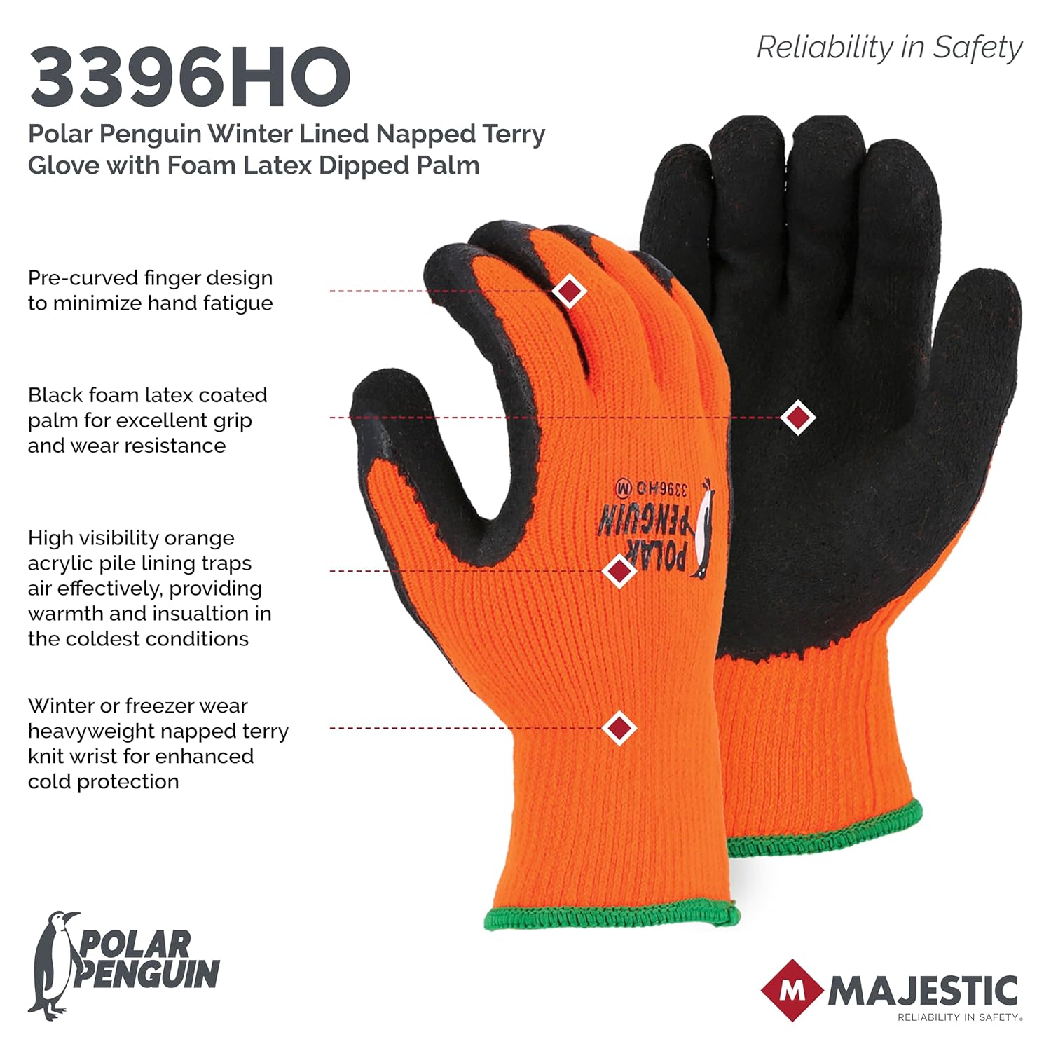 Majestic Polar Penguin Winter Lined Napped Terry Glove with Foam Latex Dipped Palm | 1 Dozen - XL | ANSI A2, Heavyweight Glove, Hiviz Orange/Black | for Automotive, Industrial, Manufacturing | 3396HO