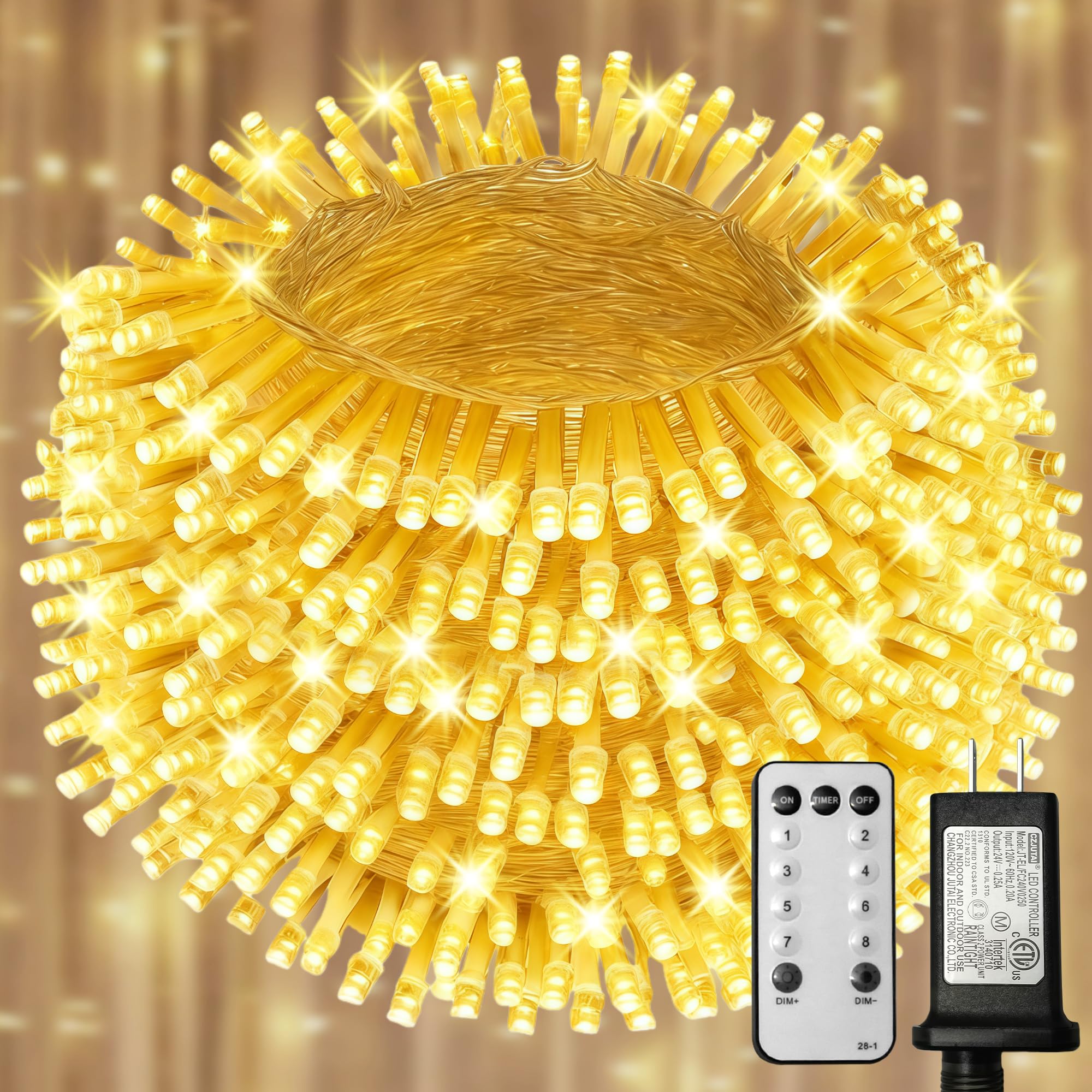Guirnalda de luces de Navidad para interiores y exteriores, cable transparente, 200 luces LED de 66 pies conectables, luces de Navidad blancas cálidas para exteriores para dormitorio, 8 modos