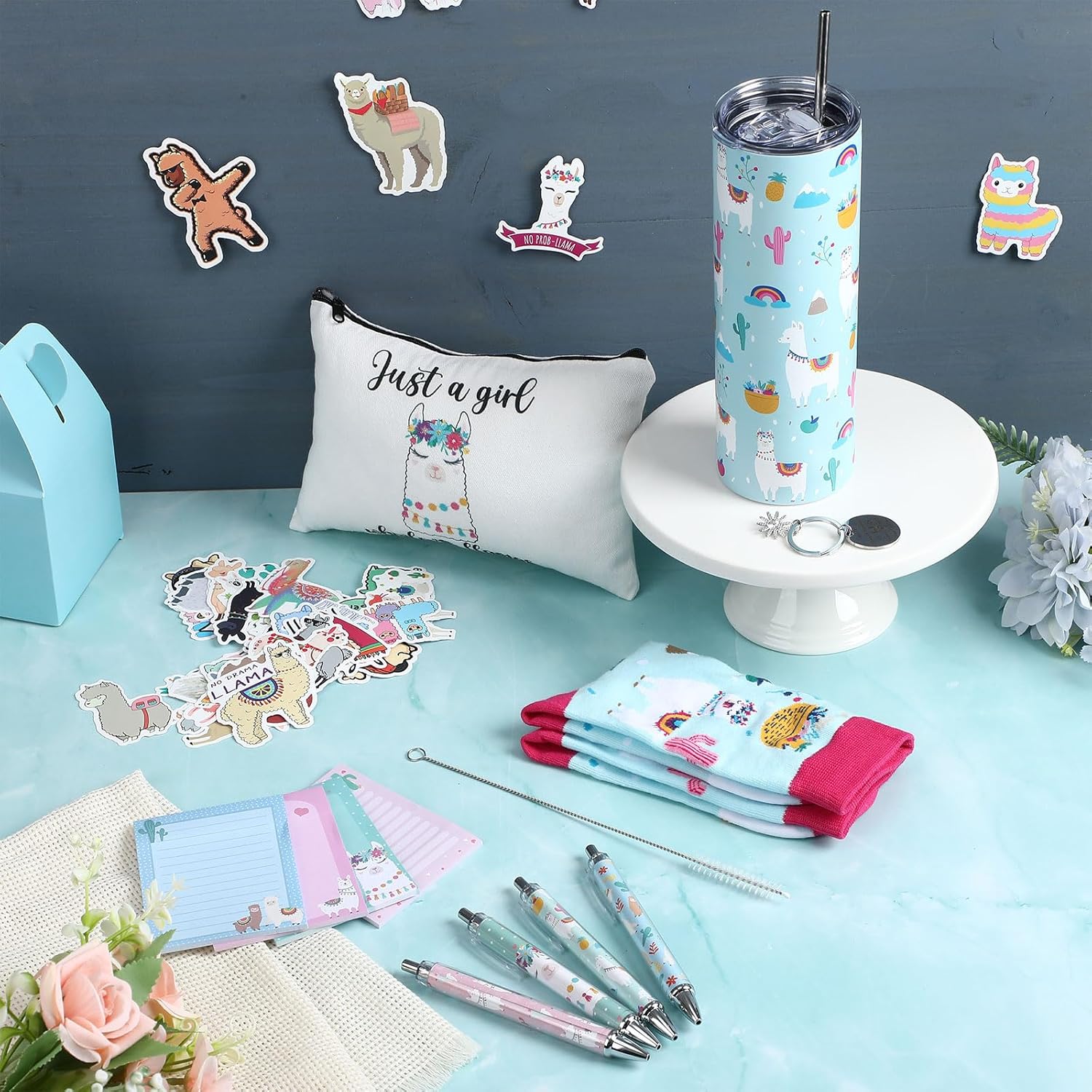 Vesici 13 Pcs Llama Gifts for Girls Llama Lovers Stuff for Girls 20 oz Tumbler with Lid and Straw Cute Makeup Bag Socks Sticky Notes Ballpoint Pens Stickers Keychain Set for Birthday Christmas Gifts - Image 7