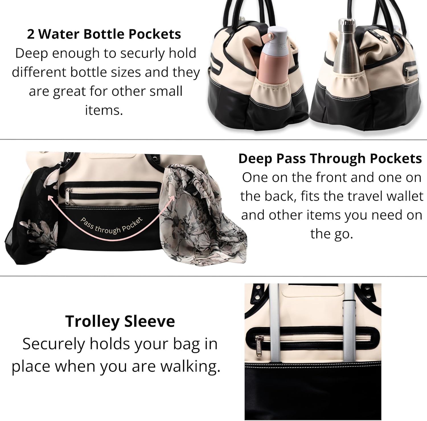 BORSALI Travel Bag for Women | Weekend Personal Item Duffle Set for Airplanes | Vegan Leather Carry On Duffel with Travel Wallet & Packing Cubes (Cream) - Image 3