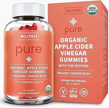 WellPath Organic Apple Cider Vinegar Gummies with The Mother - USDA Organic ACV Gummies - Ginger & Apple Cider Vinegar with Mother for Gut Health - Vegan, Non-GMO, 60 Ct