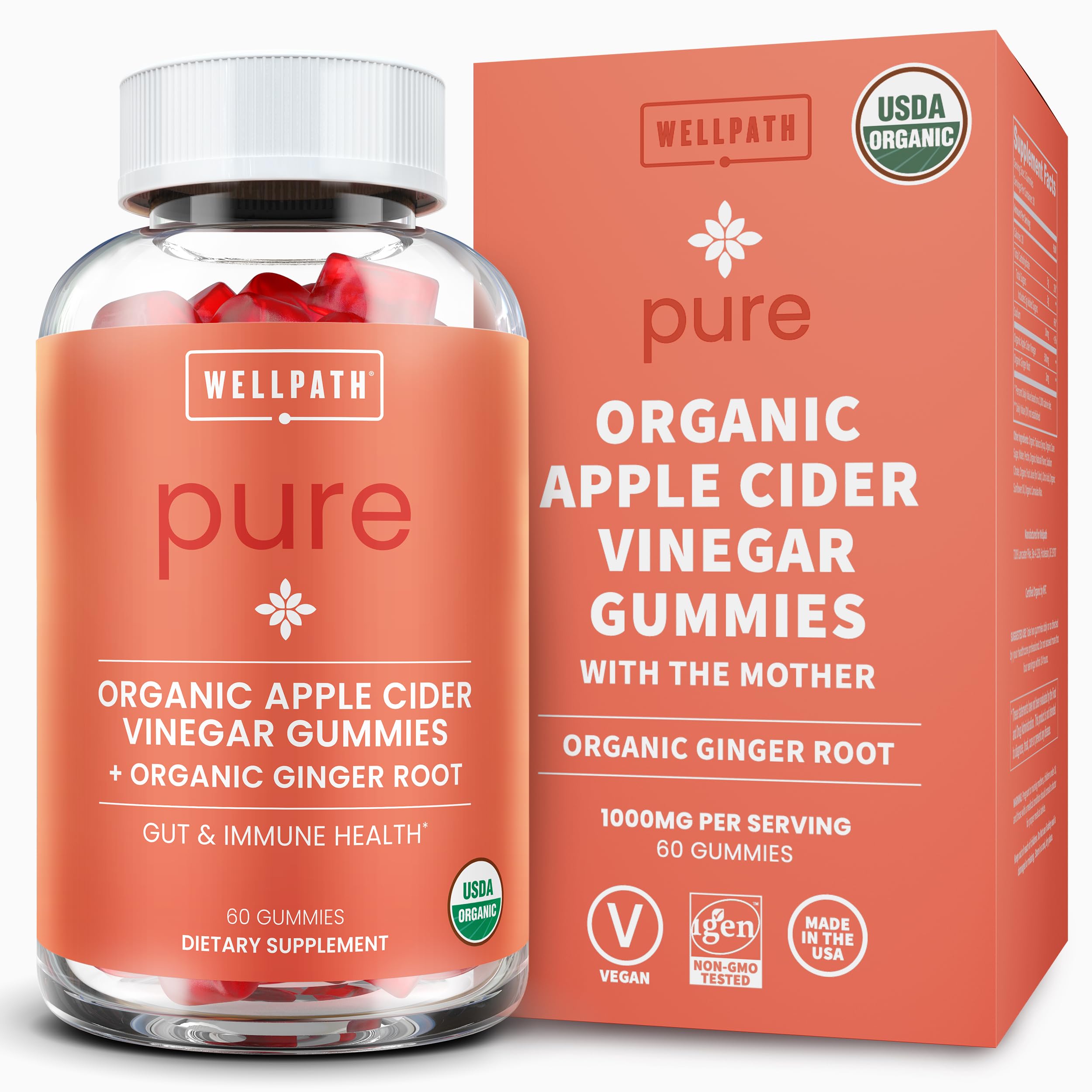 WellPathOrganic Apple Cider Vinegar Gummies with The Mother - USDA Organic ACV Gummies - Ginger & Apple Cider Vinegar with Mother for Gut Health - Vegan, Non-GMO, 60 CtUSDA Organic