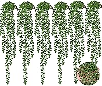Vista 13 de RECUTMS 8 plantas suculentas artificiales colgantes, cadena de perlas, plantas suculentas de imitación, drapeado vegetal, rama sin maceta, planta