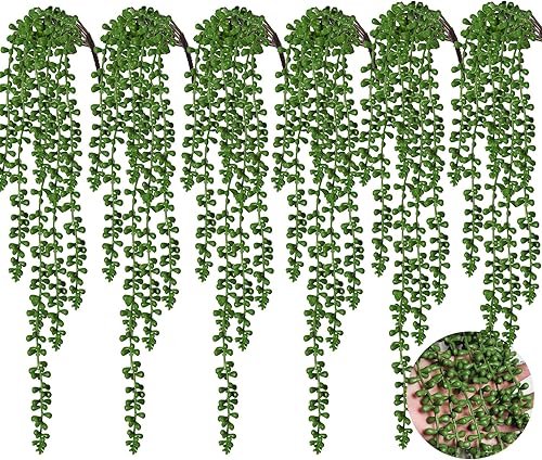 RECUTMS 6 plantas colgantes artificiales para suculentas, plantas colgantes falsas, cadena de perlas, vegetación sintética, plantas de pared,