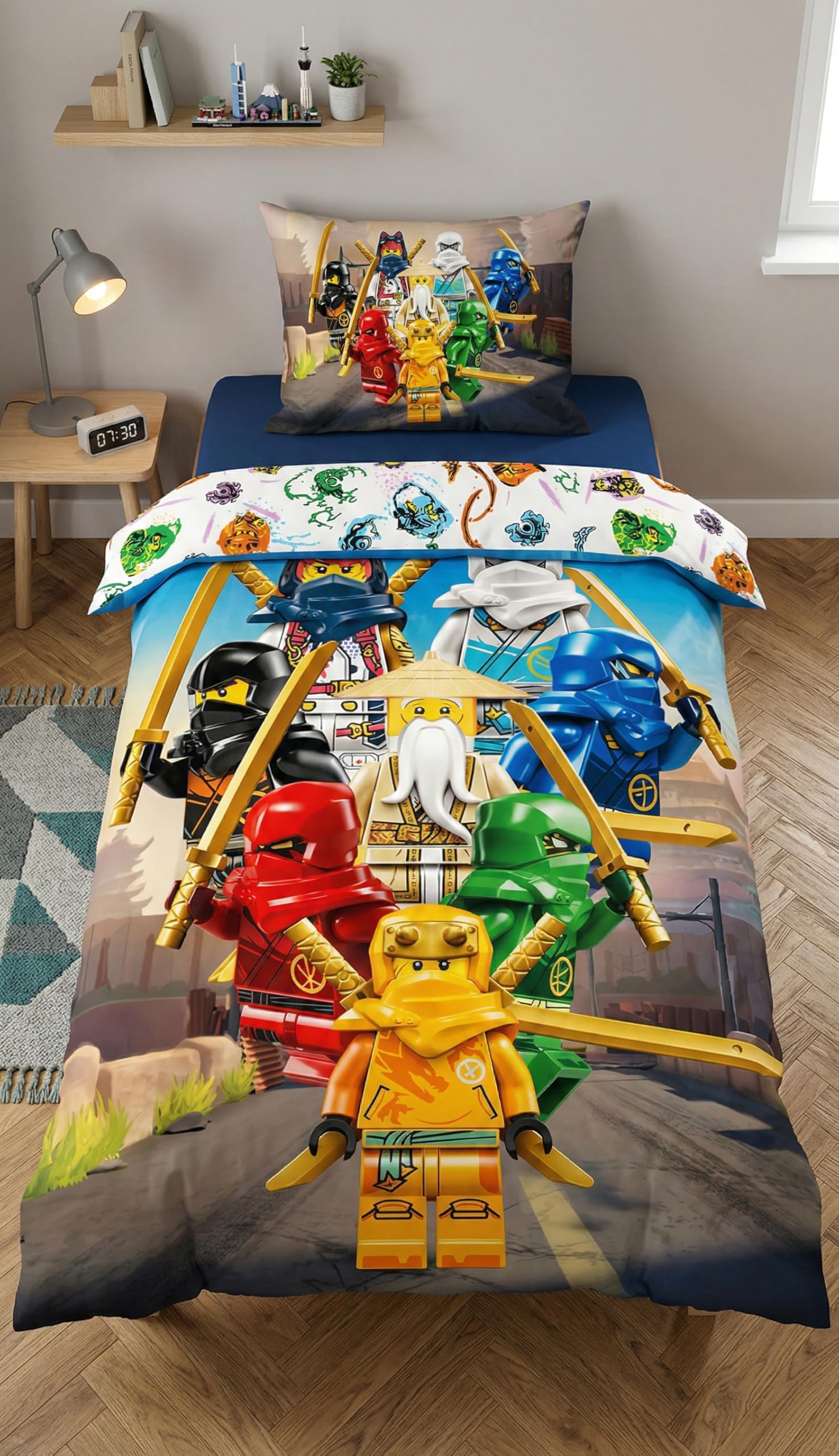 Lego Ninjago Team Pościel 140x200 + Poszewka 100% Bawełna Pokój Chłopca | Odwracalna pościel jednoosobowa | Bawełna naturalna oddychająca Oeko-Tex | Licencja Lego | 4-12 lat | Do prania w pralce