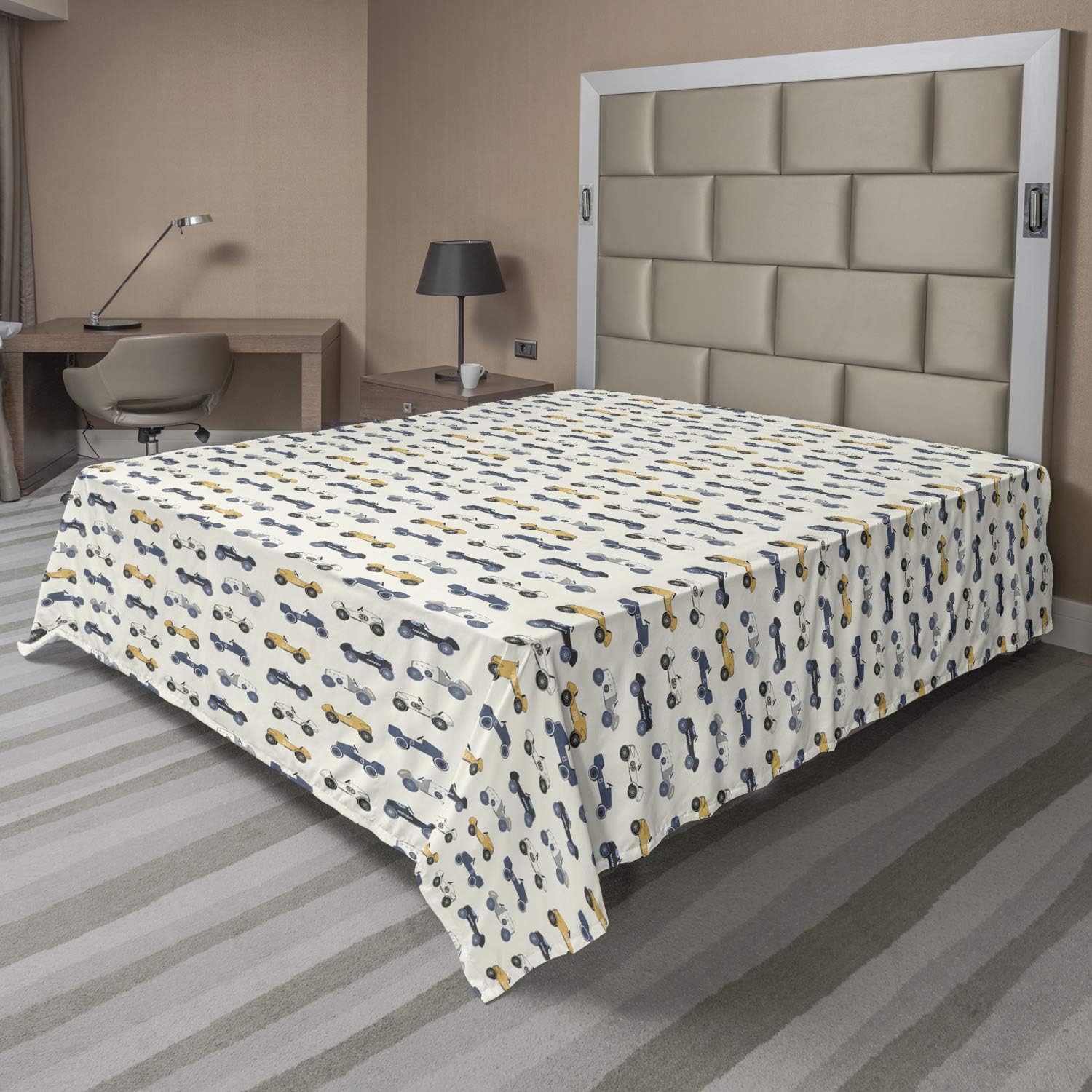 Ambesonne Cars Flat Sheet, Cartoon Vintage Race Automobiles Repetition, Soft and Comfortable Top Sheet Decorative Bedding 1 Piece, Full Size, Ivory Slate Blue Mustard