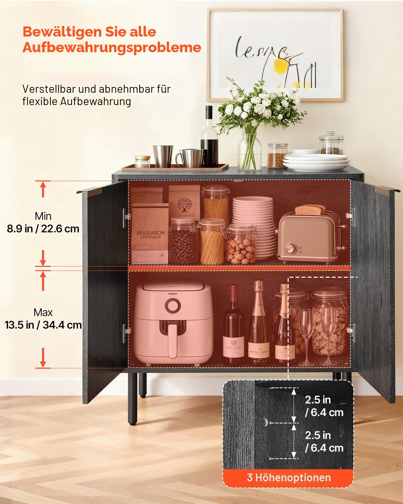 VEVOR Sideboard Küchenschrank mit 2 Ablageflächen, Buffetschrank im mittelalterlichen Stil für Wohnzimmer Eingangsbereich Küche, Aufbewahrungsschrank 80 x 37,5 x 80 cm Küchenbuffet Schwarz