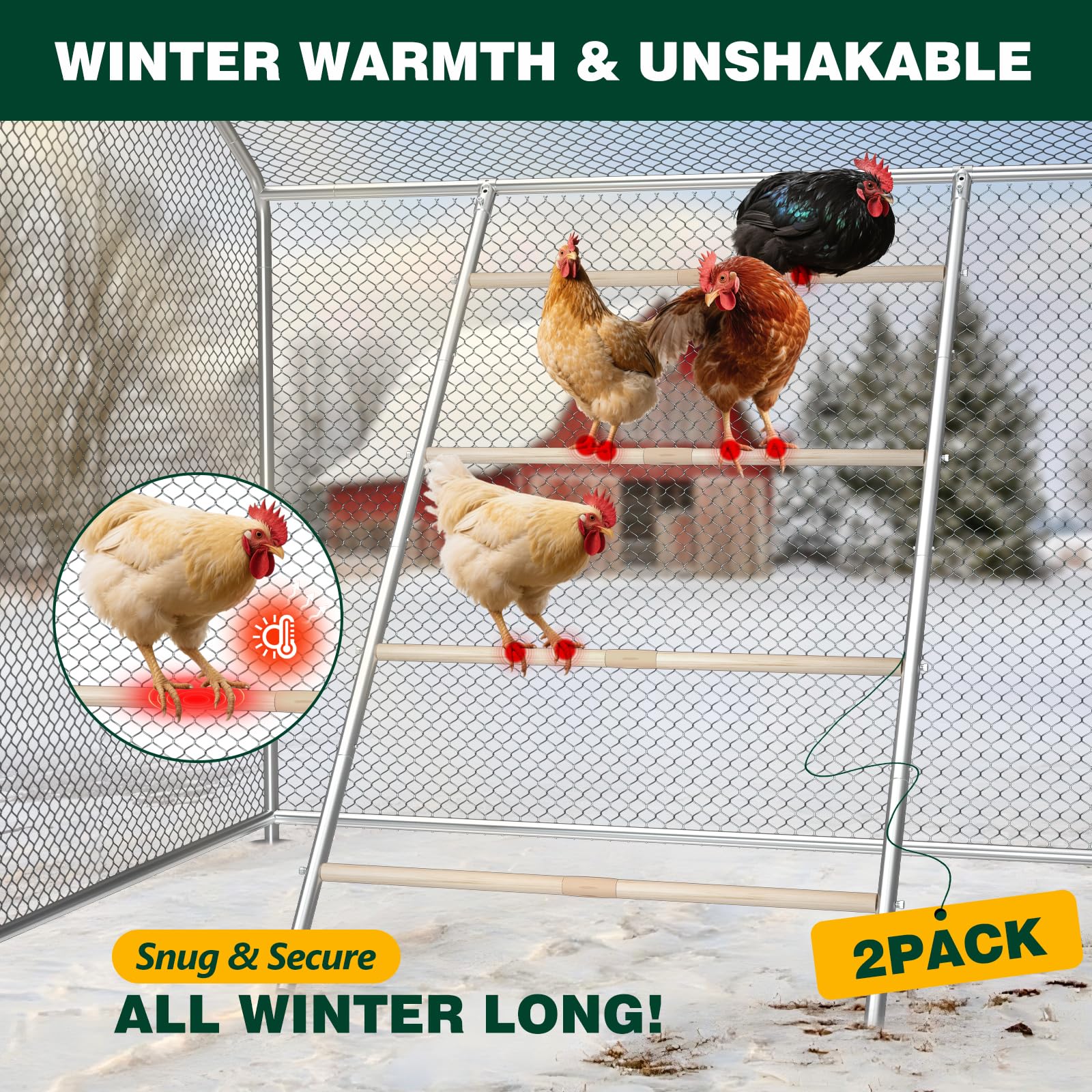 Percha de pollo para gallinero, barras de gallina, juguetes de granja, escalera de gallo para aves de corral, paquete de 2 (58 pulgadas de largo x 32 pulgadas de ancho)