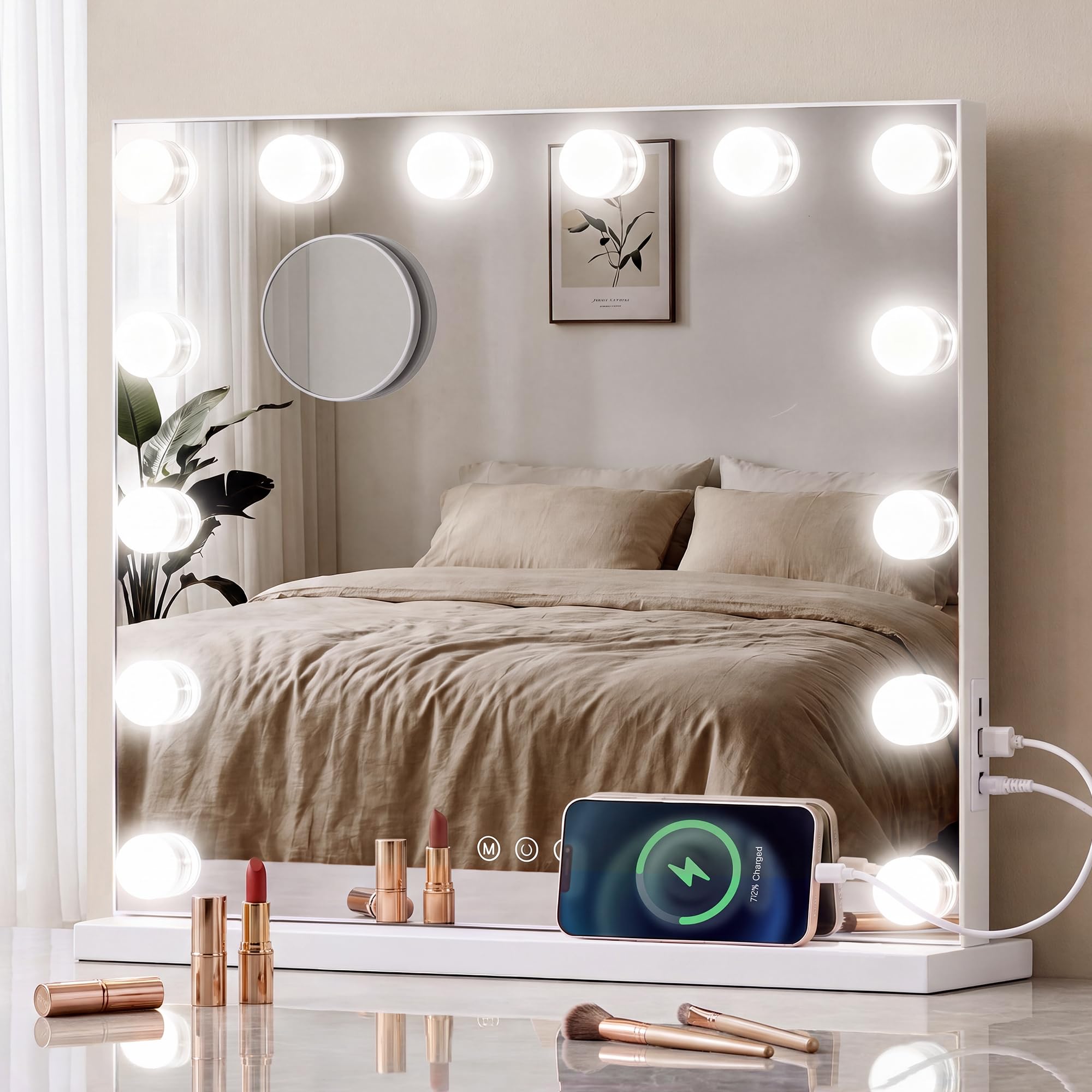 SONGMICS Vanity Mirror with Lights, Makeup Mirror with 15 LEDs, 3 Colour Modes, Dimmable, 10x Magnifying, USB Port, 48 x 58 x 5.7 cm, for Dressing Table, Matte White, Berit Collection LWM221WC03