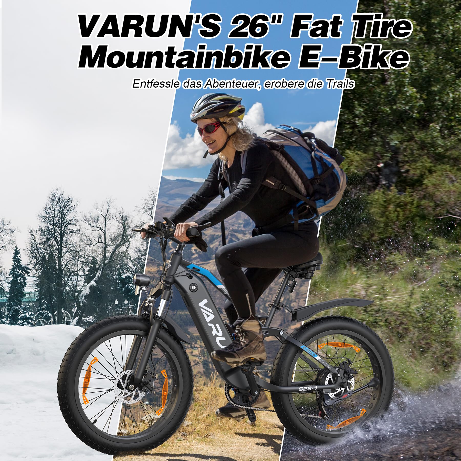 VARUN E Bike 26" X 4" Fat Tire Elektrofahrrad 250W 48V 16AH Batterie Strand Berg Schnee E-Bike
