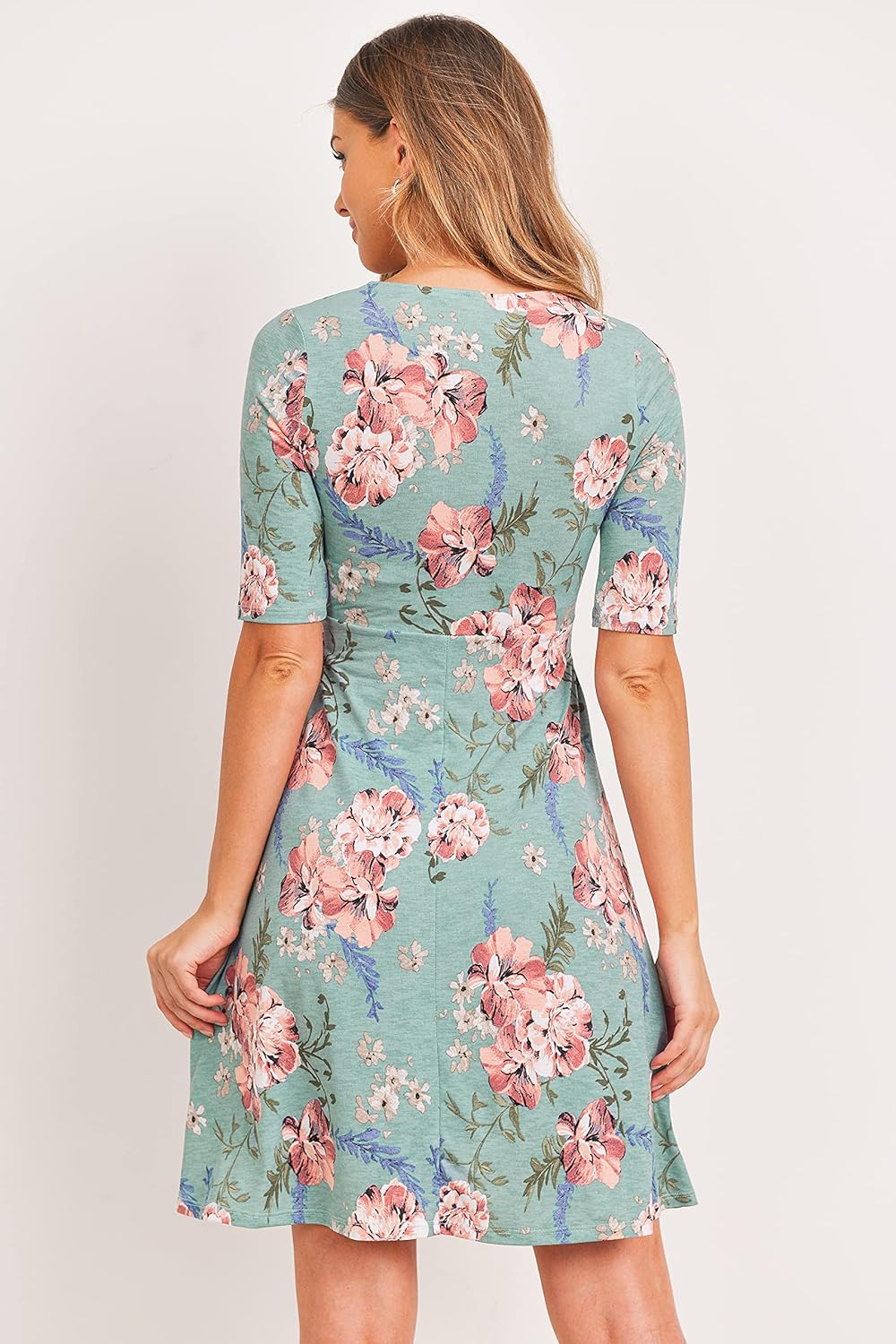 HELLO MIZ Women's Maternity Dress V-Neck Short Sleeve for Baby Shower (Sage/Coral Flower, X-Large)