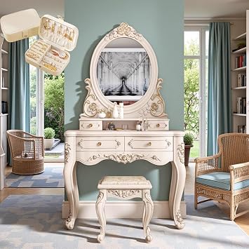 European Vintage Dressing Table, Vanity Desk for Bedroom, HD Lighted Mirror 3 Lighting Modes, Pack of Jewelry Box80cm